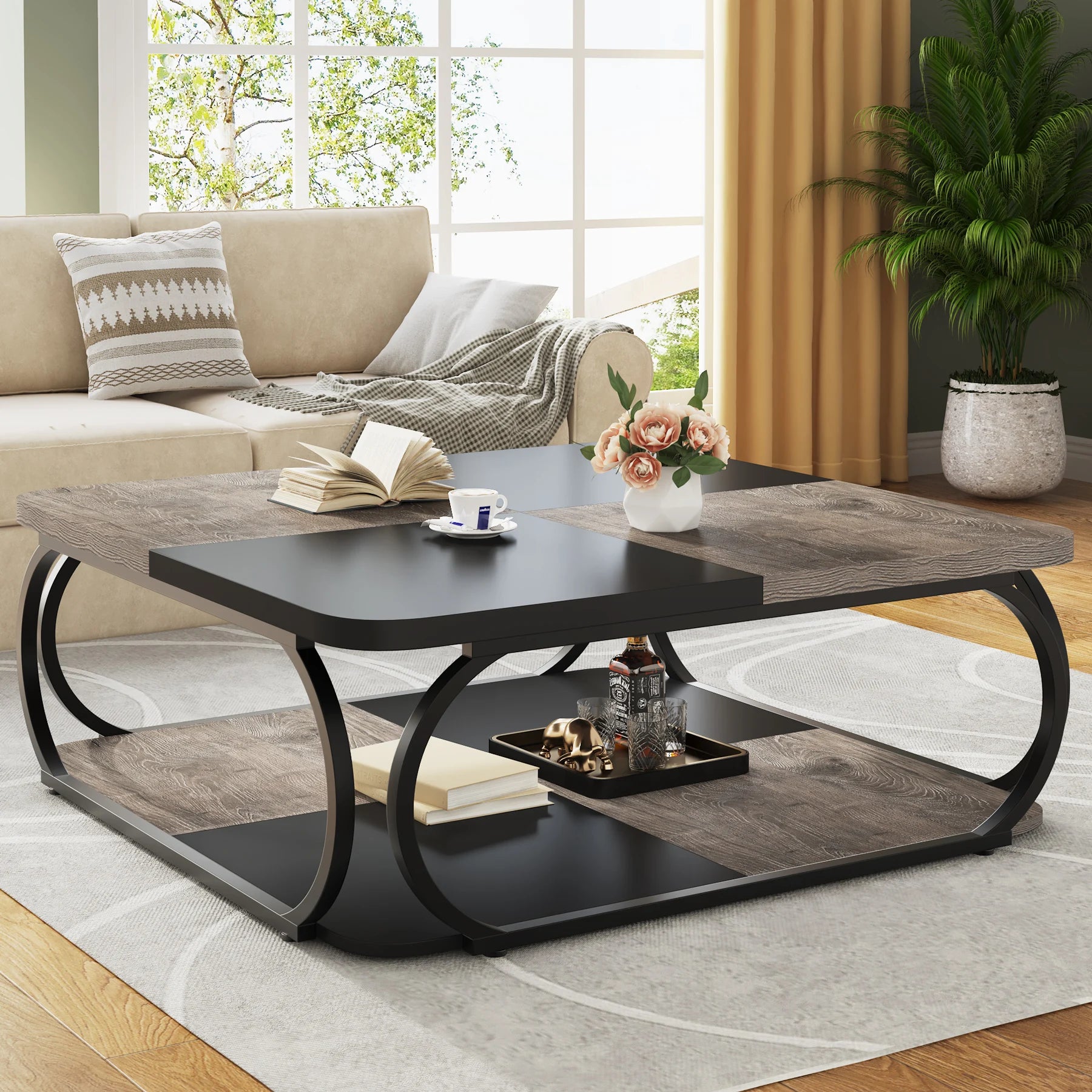 Two-Tone Wood Coffee Table with Storage Shelf for Living Room — 40in Square, Curved Metal Frame
