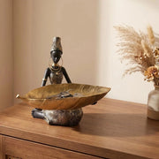 Resin Figurine, African Girl with Storage Tray, Black and Gold