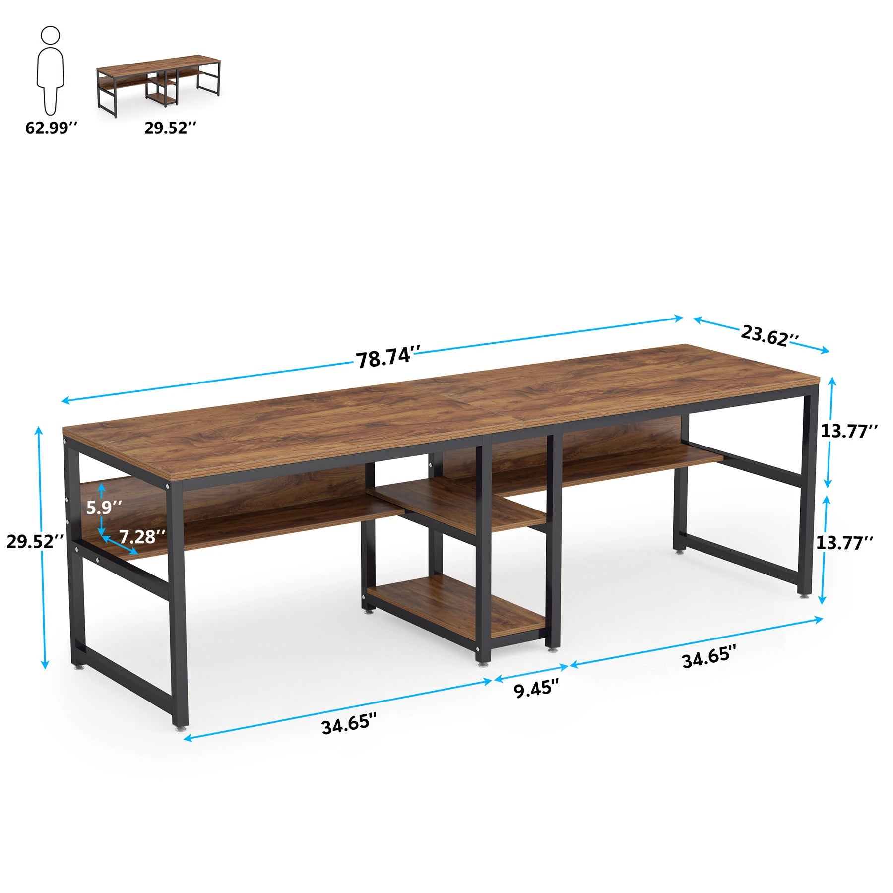 Rustic Two-Person Desk with Bookshelf for Home Office — 78.7in Double Workstation