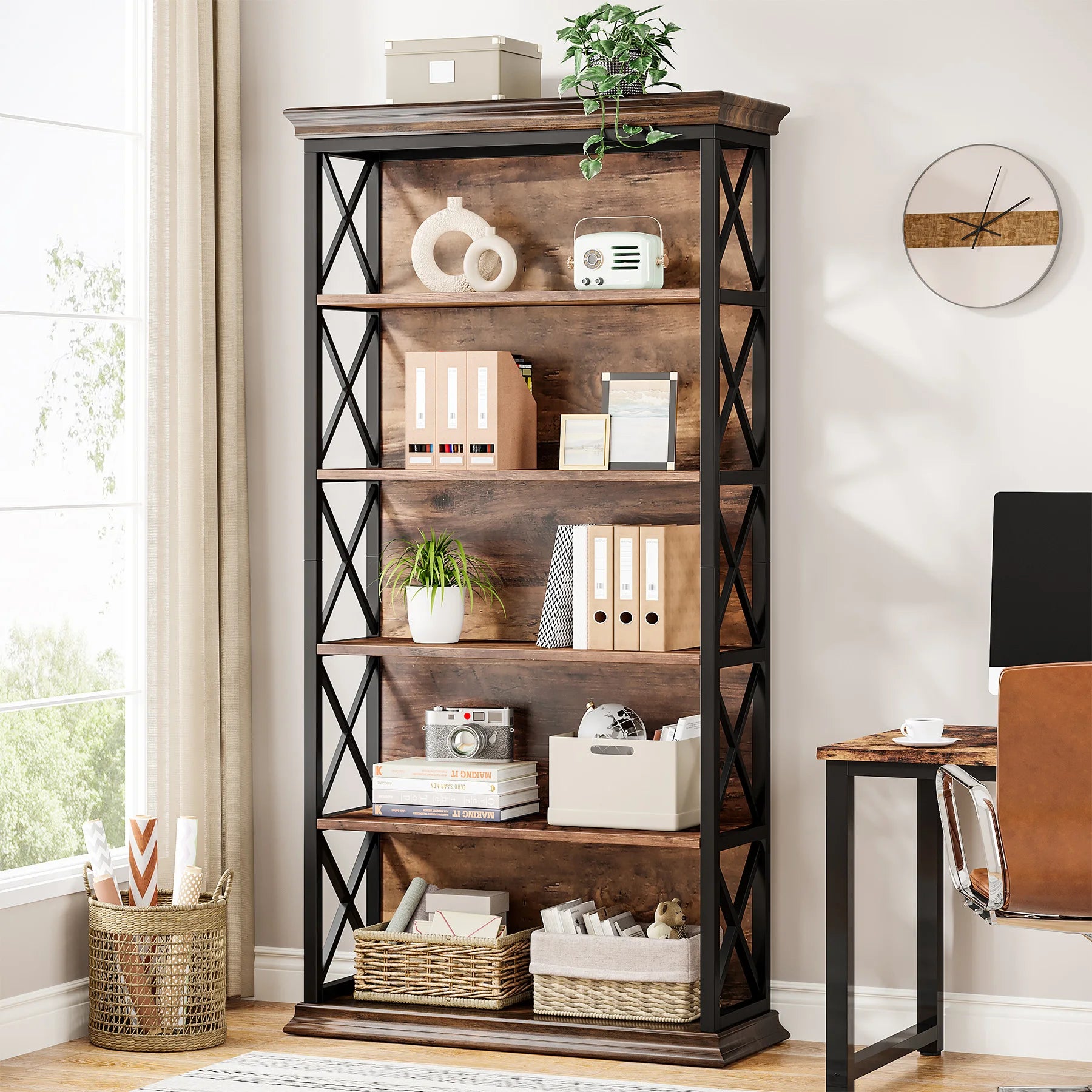 Industrial 6-Tier Bookcase with X-Frame for Living Room — 71in Tall Open Bookshelf