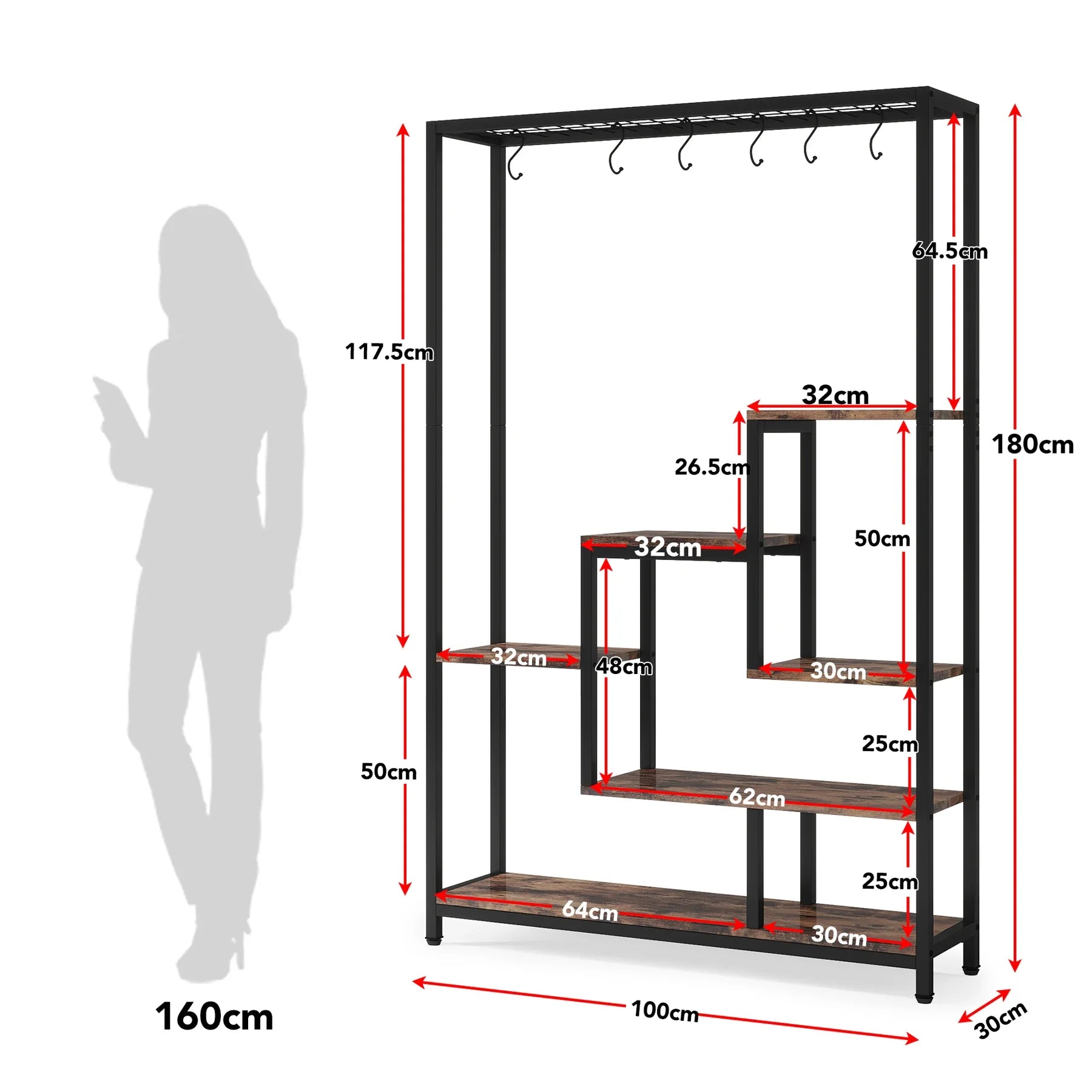 Industrial Metal Plant Stand with Hanging Hooks for Living Room — 5-Tier, 70.9in Tall