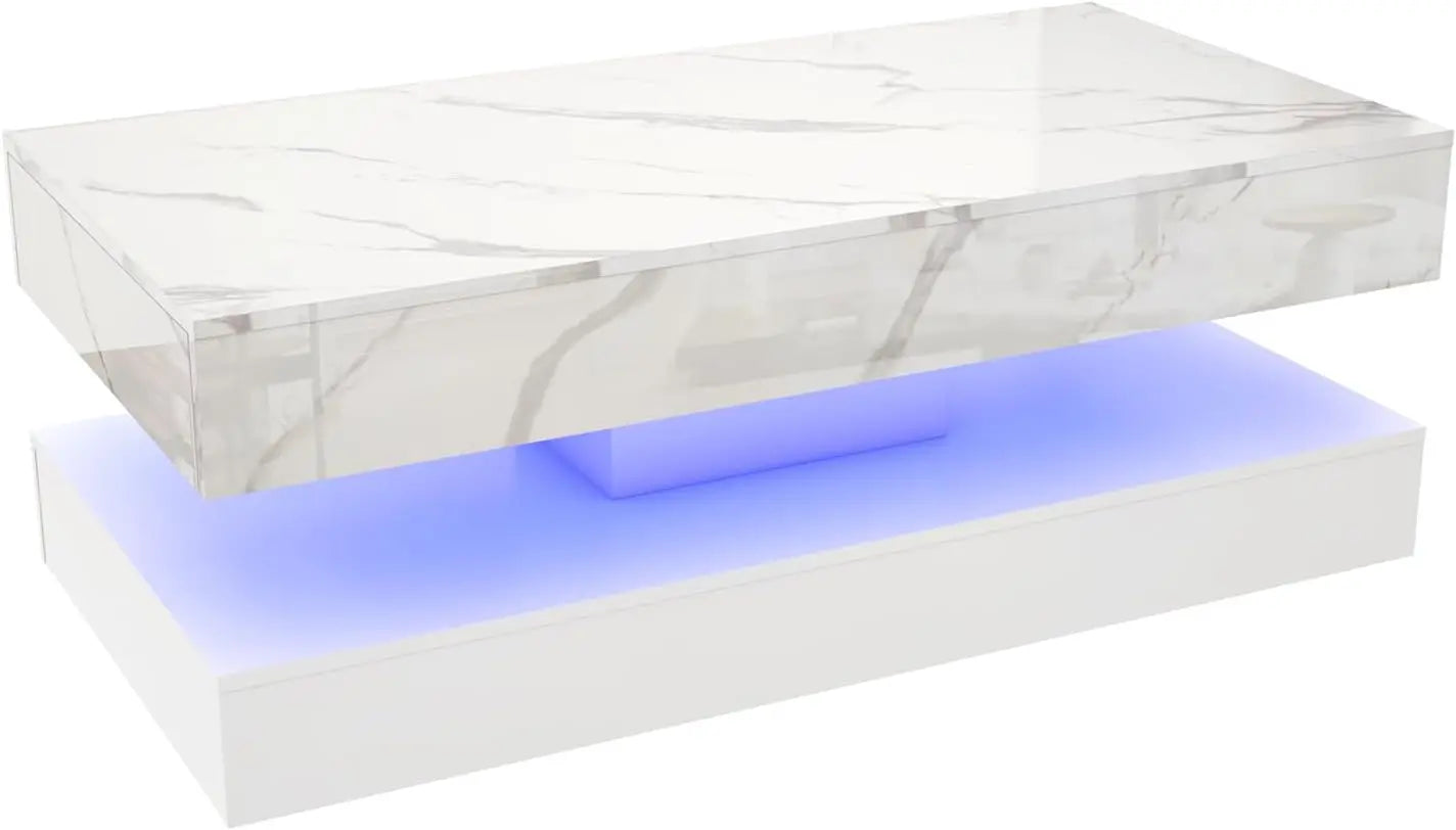 LED Coffee Table with Storage — Modern Faux Marble Coffee Table with Drawers for Living Room