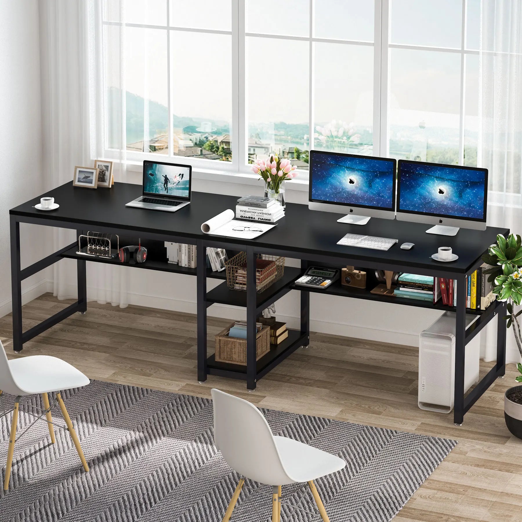 Rustic Two-Person Desk with Bookshelf for Home Office — 78.7in Double Workstation
