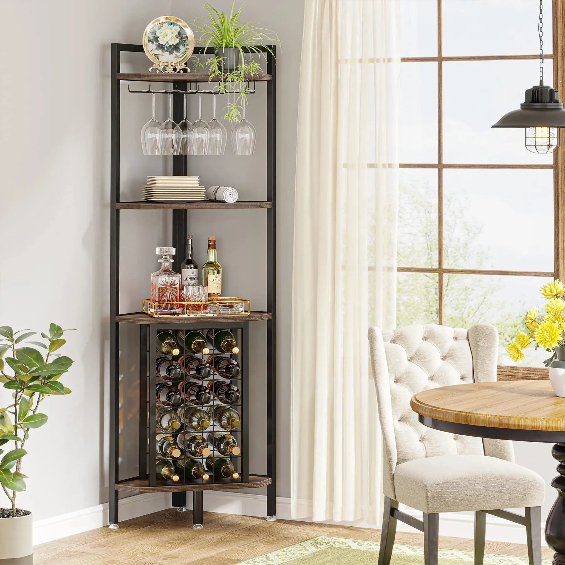Rustic Corner Wine Rack Bar Cabinet with Glass Holder for Living Room — 63" Tall, 4-Tier