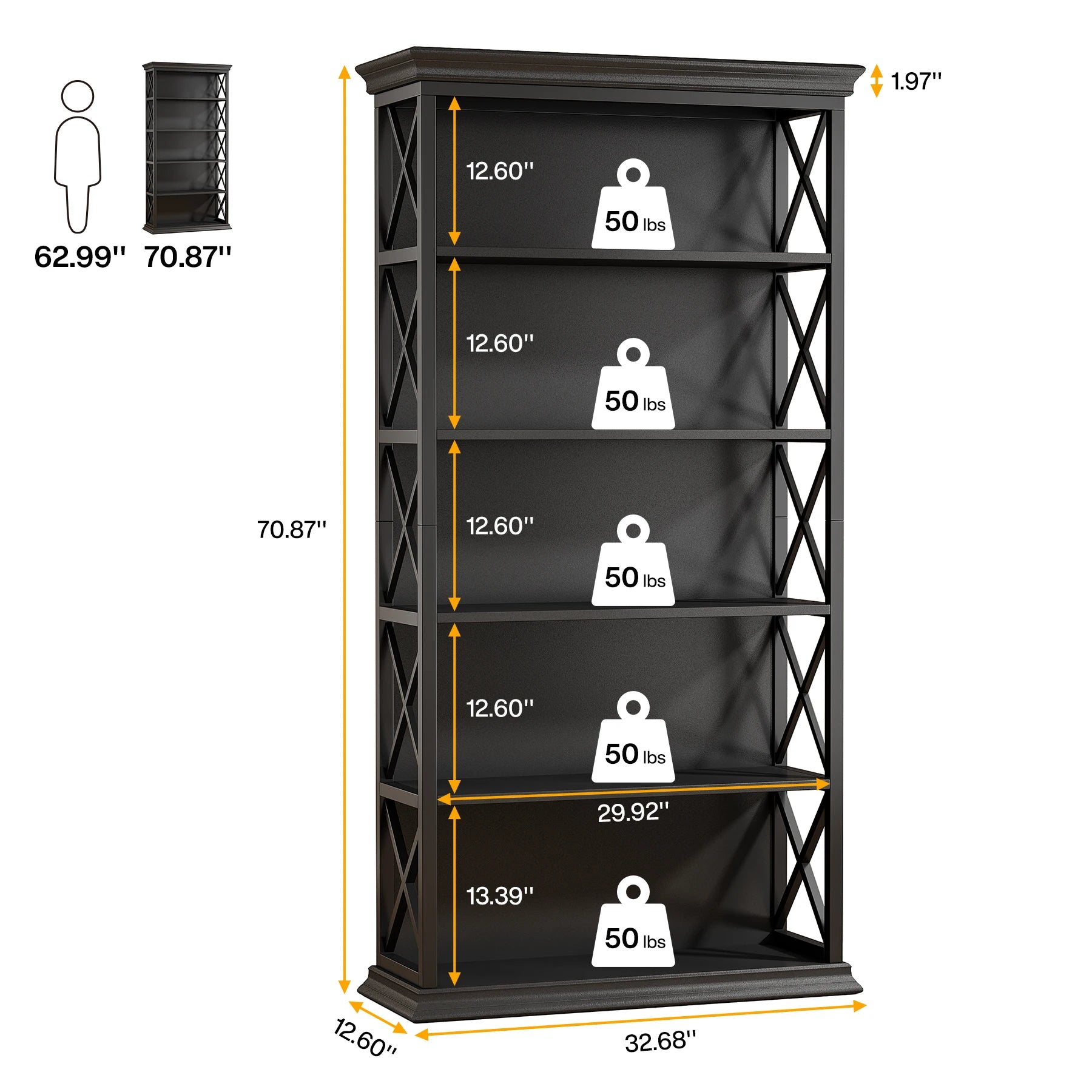 Industrial 6-Tier Bookcase with X-Frame for Living Room — 71in Tall Open Bookshelf