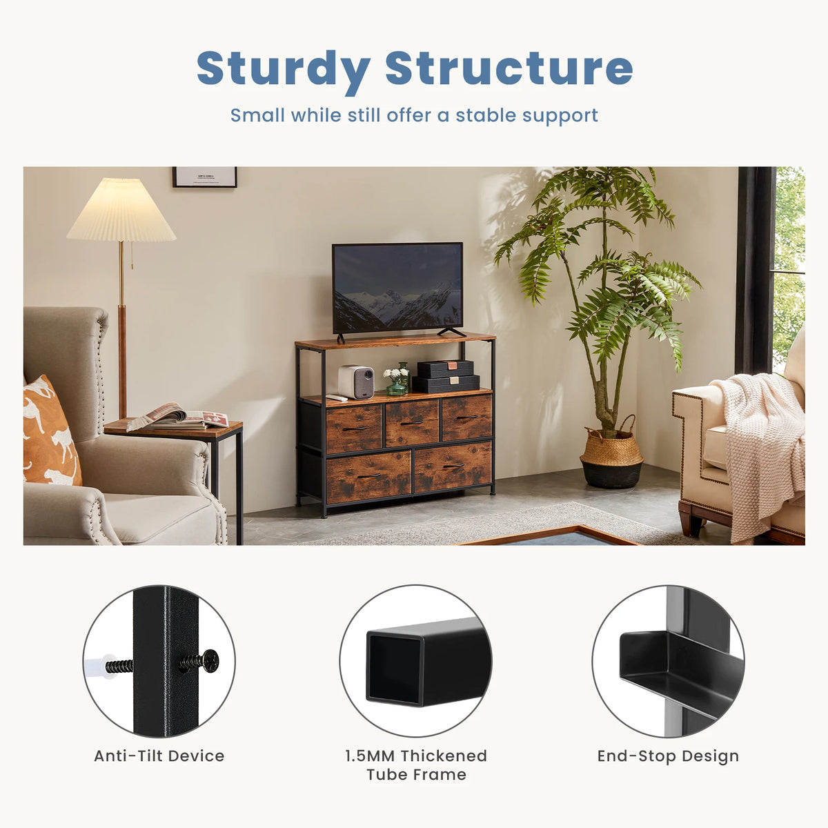 Fireplace TV Stand Dresser For Bedroom With 5 Fabric Drawers Storage Closet Chest