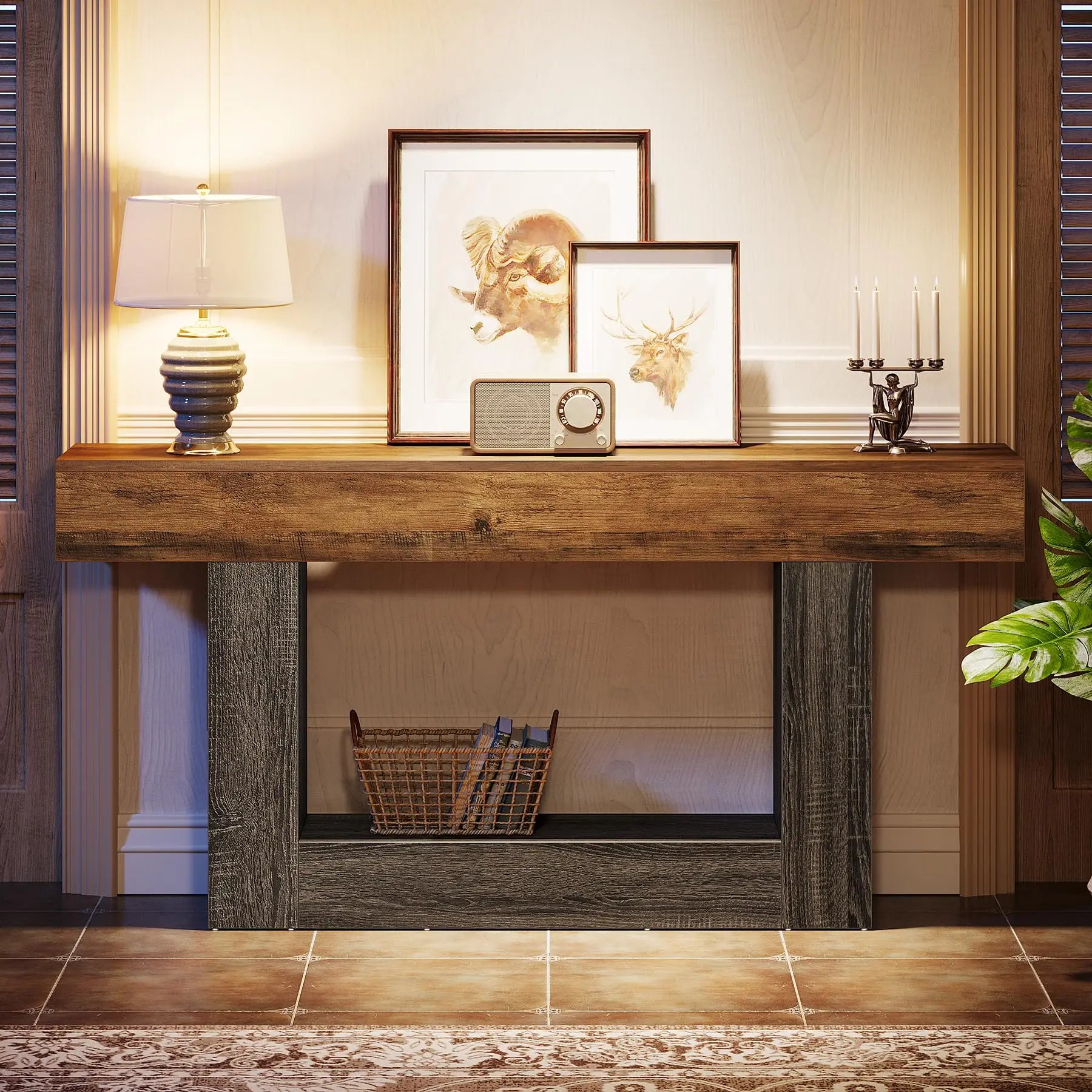 Two-Tone Farmhouse Console Table with Lower Shelf for Entryway — 63"