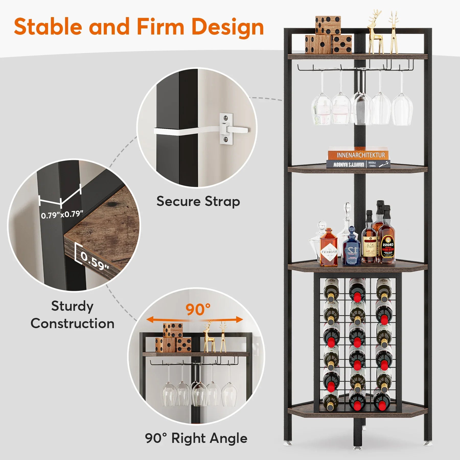 Rustic Corner Wine Rack Bar Cabinet with Glass Holder for Living Room — 63" Tall, 4-Tier