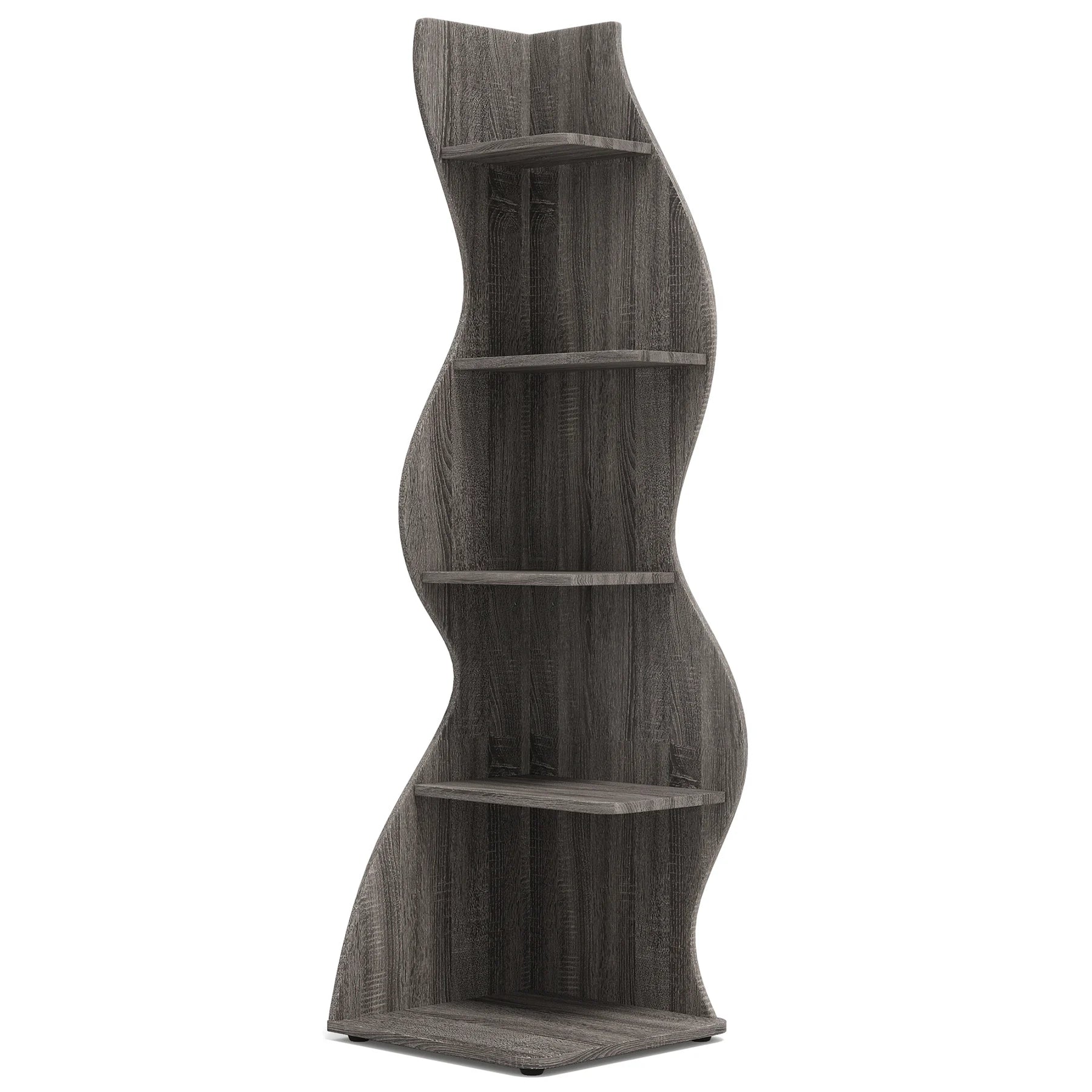 White Wave 5-Tier Corner Bookshelf with Curved Silhouette for Living Room — 65"H Floor Shelf