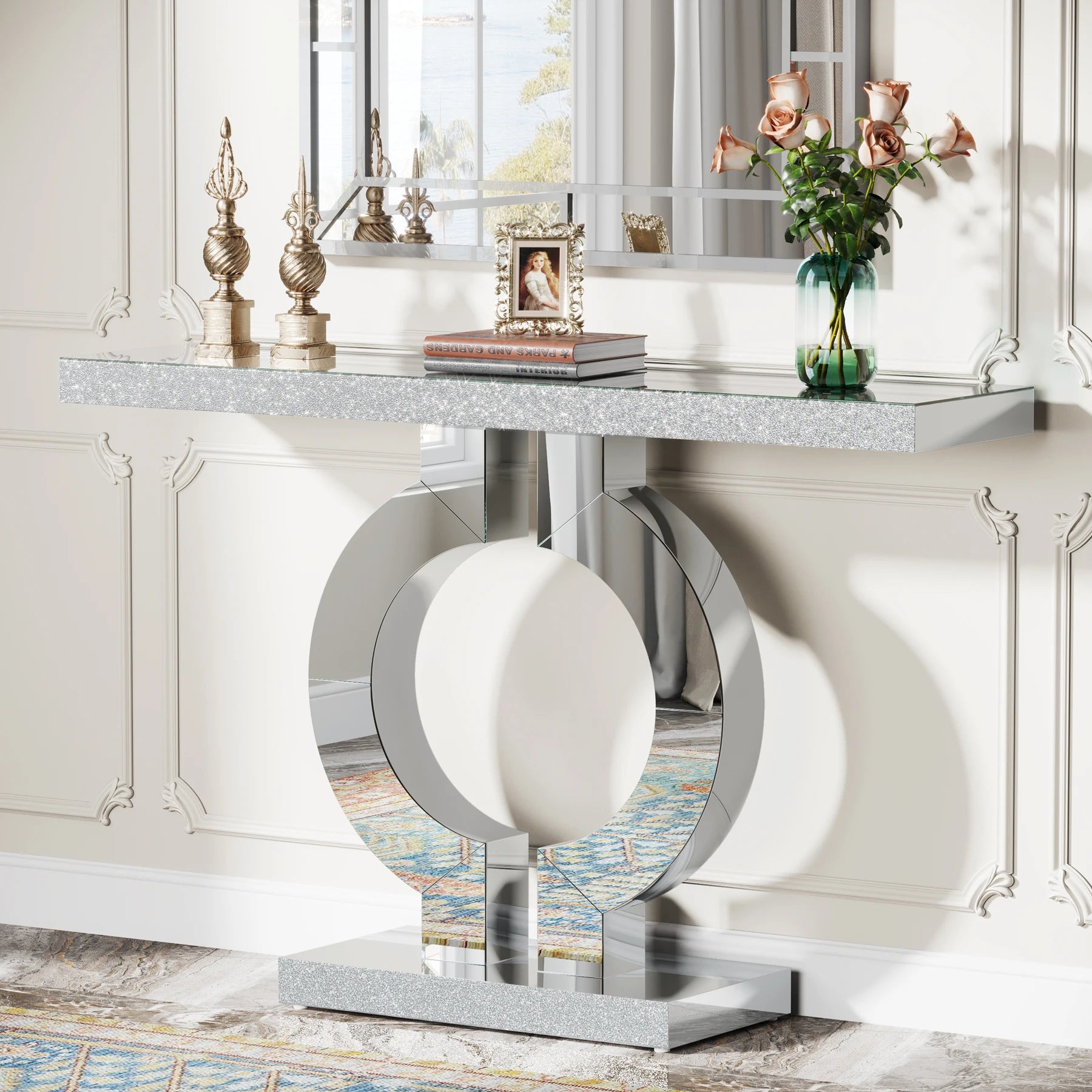 Mirrored Console Table with Crystal Sparkle Finish for Entryway — 43" Wide