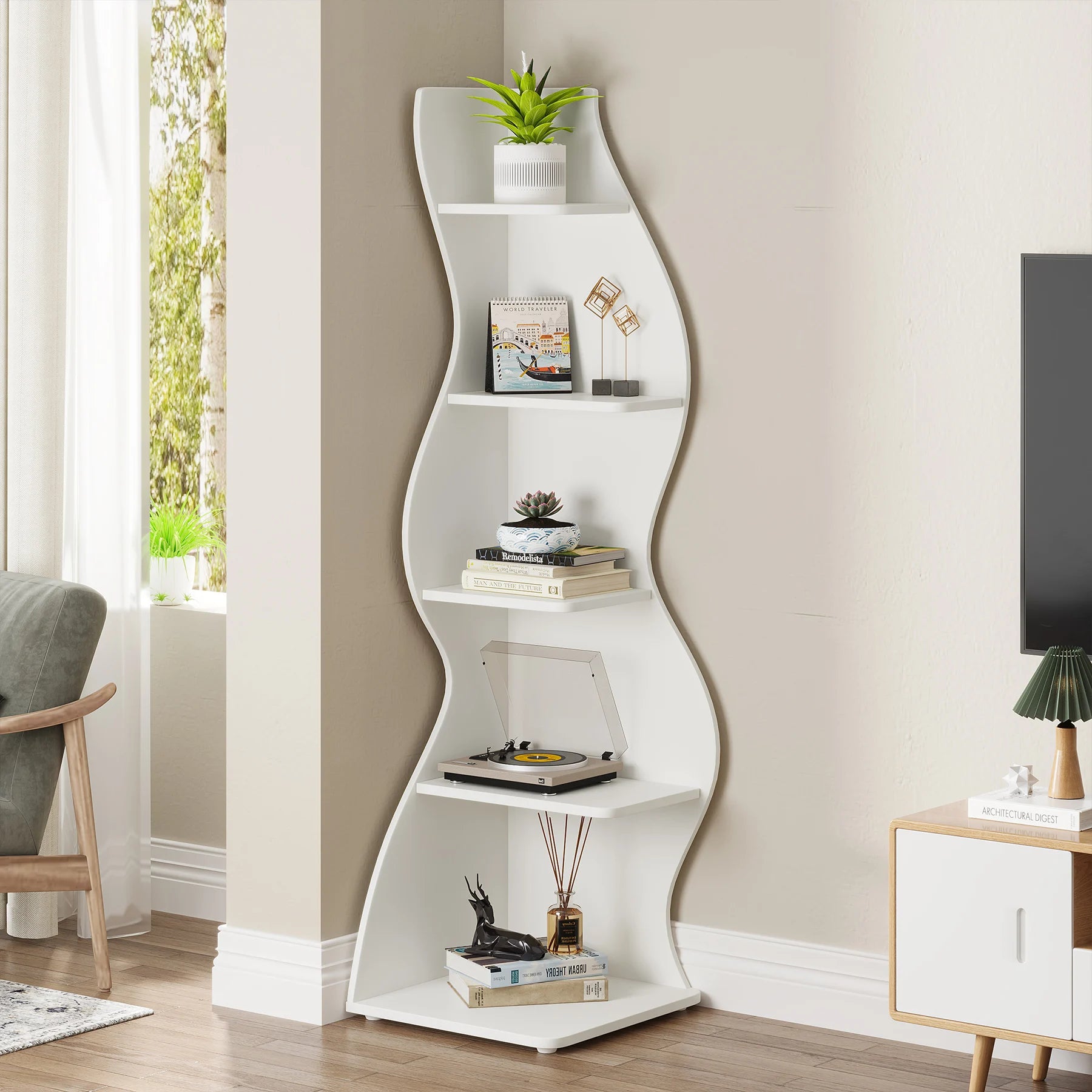 White Wave 5-Tier Corner Bookshelf with Curved Silhouette for Living Room — 65"H Floor Shelf