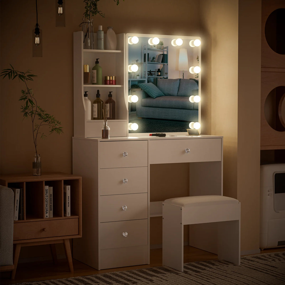 Makeup Vanity, 31.5" White LED Set, Sliding Mirror, 6 Drawers