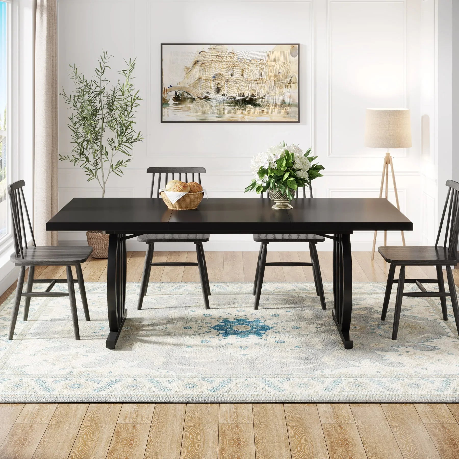 Modern Black 63" Dining Table with Curved Metal Pedestal Base for Kitchen — Seats 6