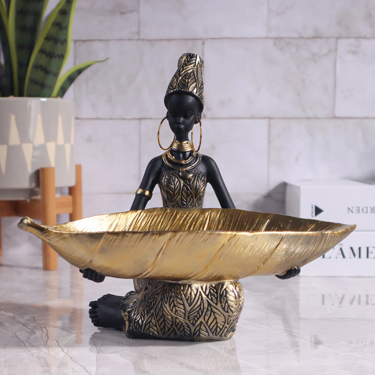 Resin Figurine, African Girl with Storage Tray, Black and Gold
