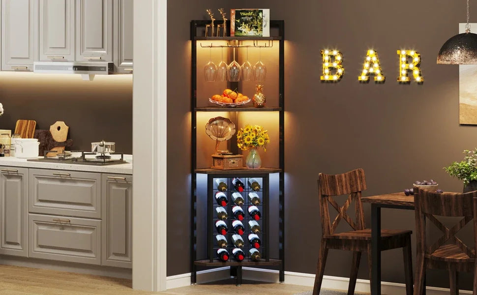Rustic Corner Wine Rack Bar Cabinet with Glass Holder for Living Room — 63" Tall, 4-Tier