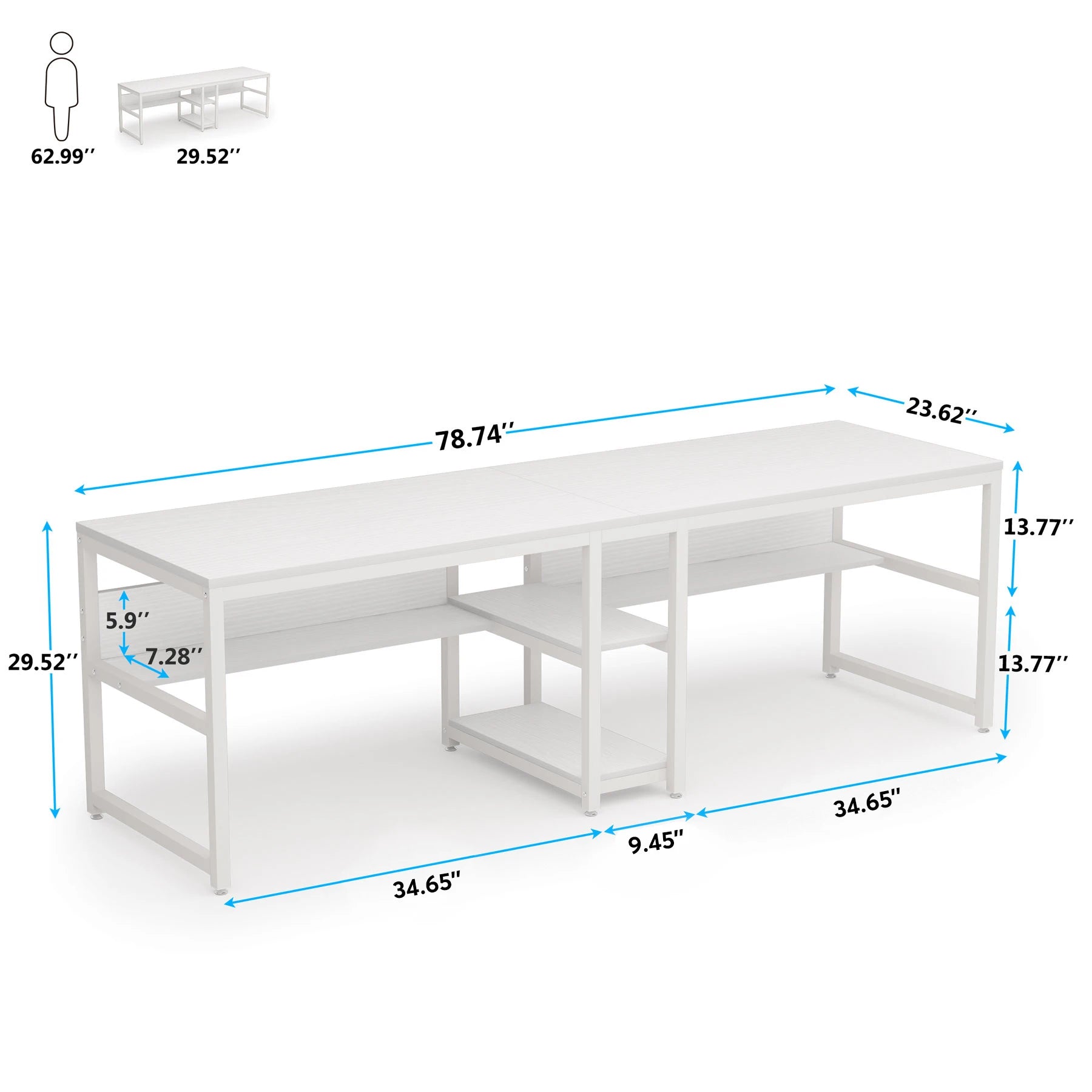 Rustic Two-Person Desk with Bookshelf for Home Office — 78.7in Double Workstation