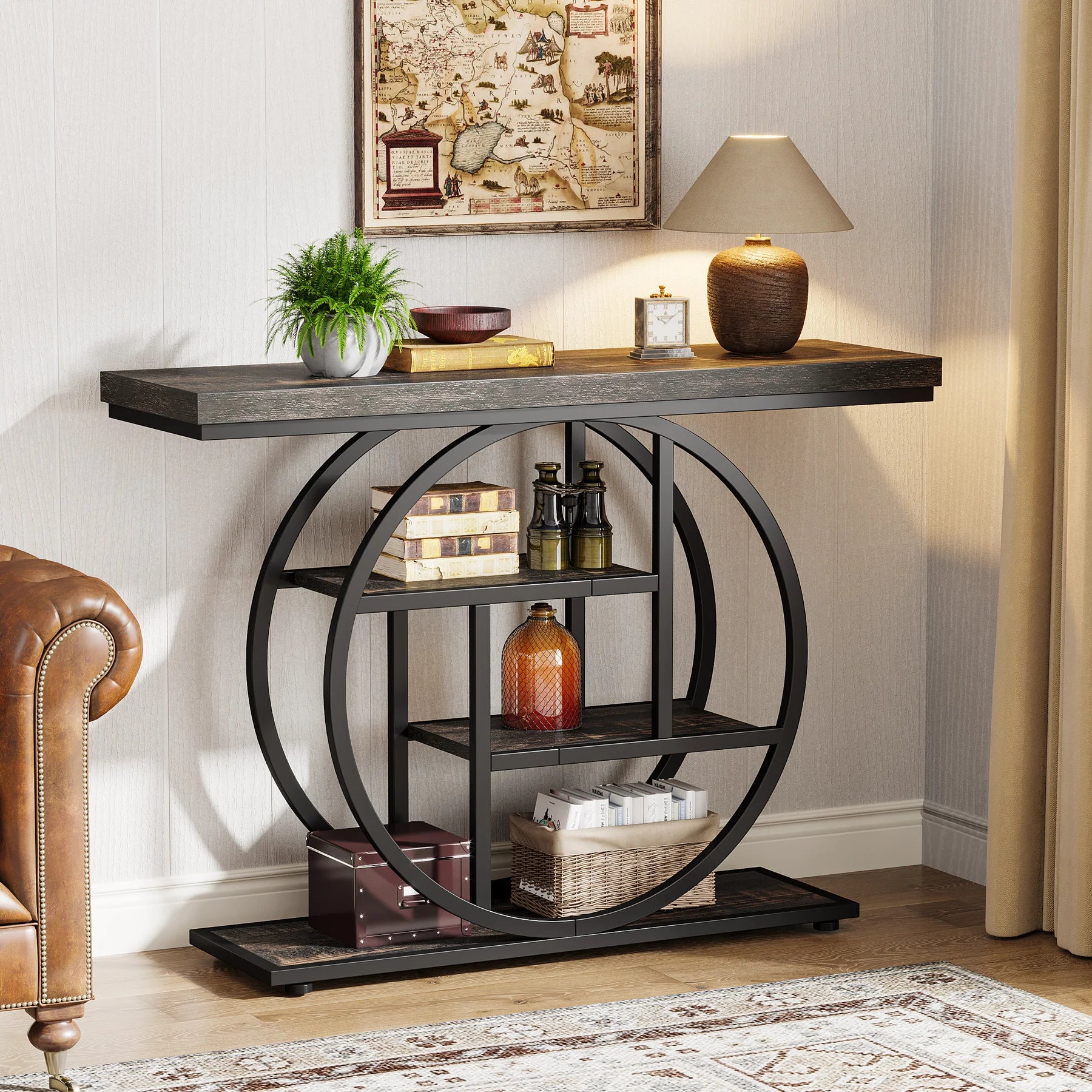 Rustic Wood 4-Tier Console Table with Round Metal Frame for Entryway — 41.3in