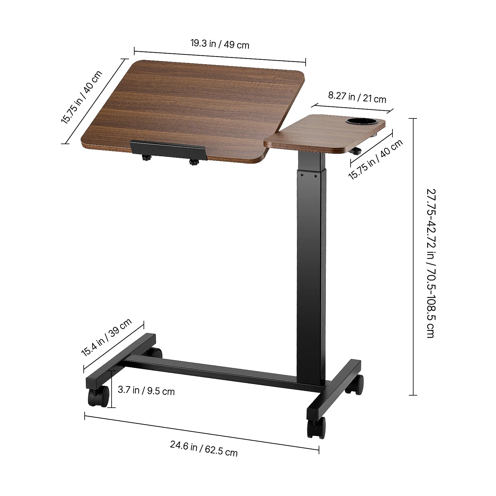 Walnut Mobile Laptop Table with Tilting Top & Casters for Bedside — Height-Adjustable Overbed Desk