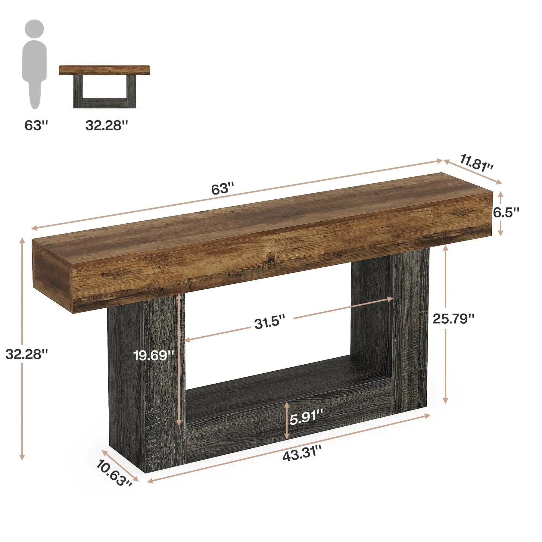 Two-Tone Farmhouse Console Table with Lower Shelf for Entryway — 63"