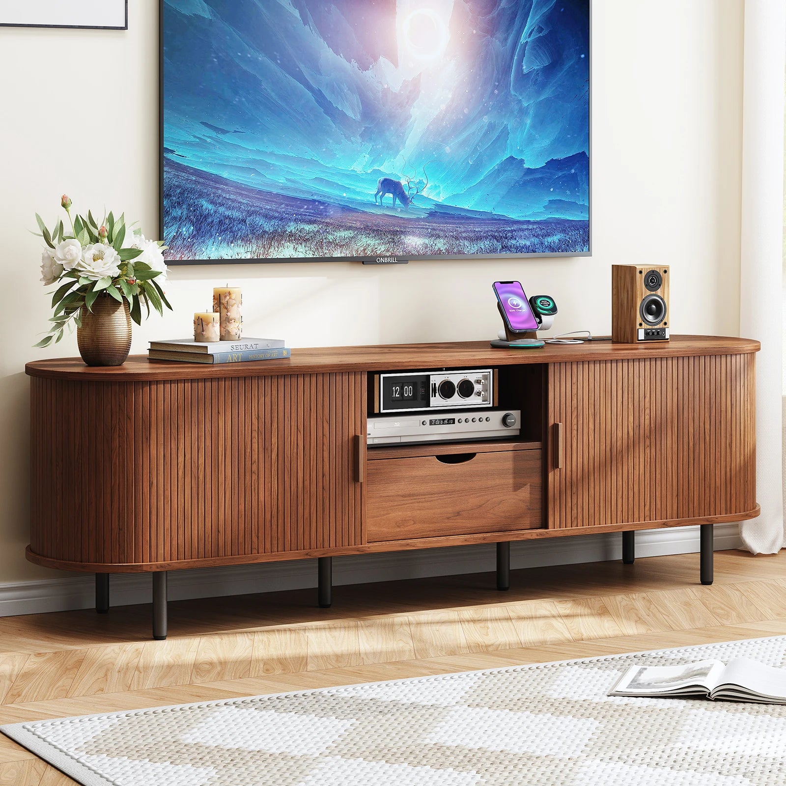 Mid-Century TV Stand for 80" TV — Fluted Walnut Media Console with Storage & Sliding Doors