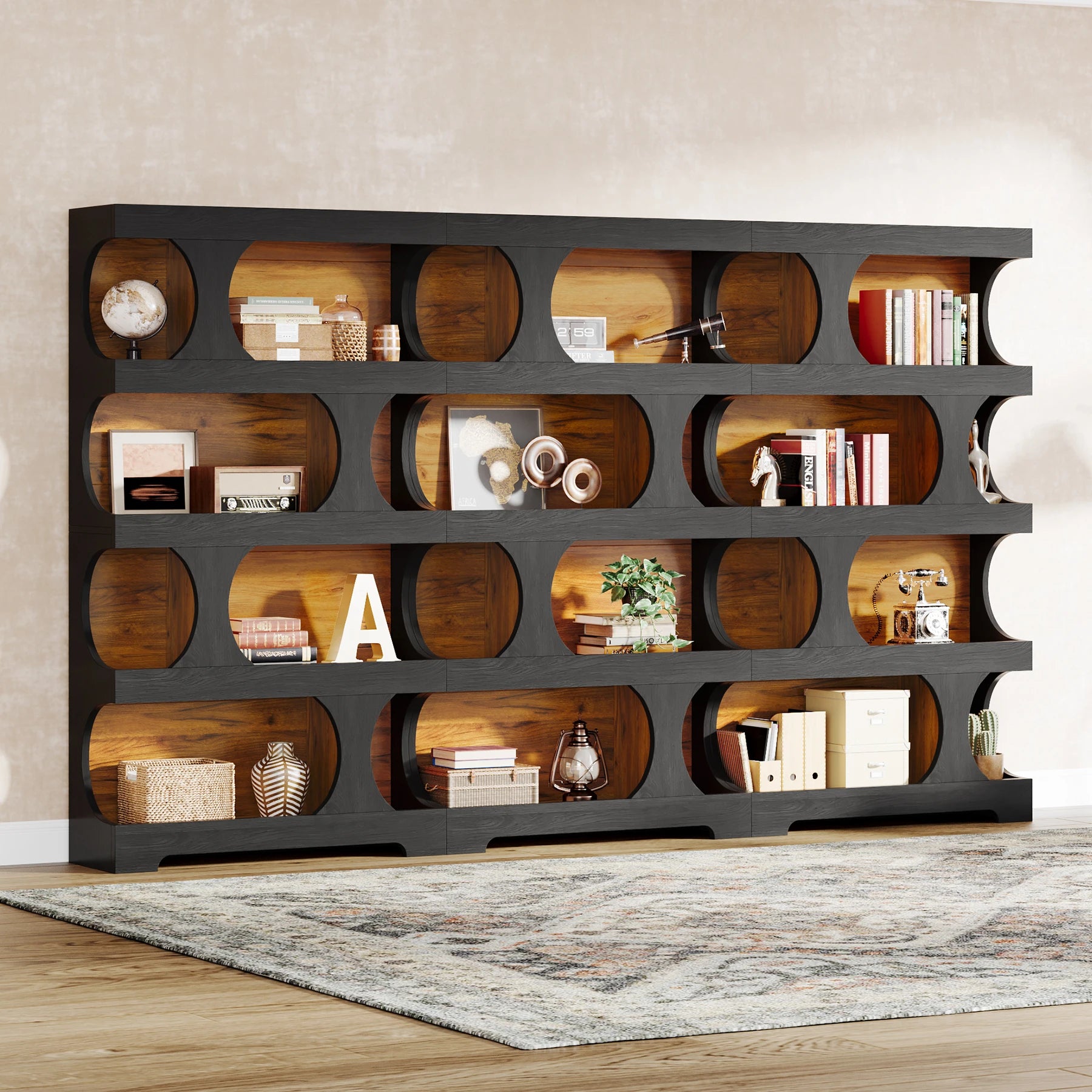 Two-Tone Curved Bookcase with Sculptural Cutout Shelves for Living Room — 71" Tall, 4 Tiers