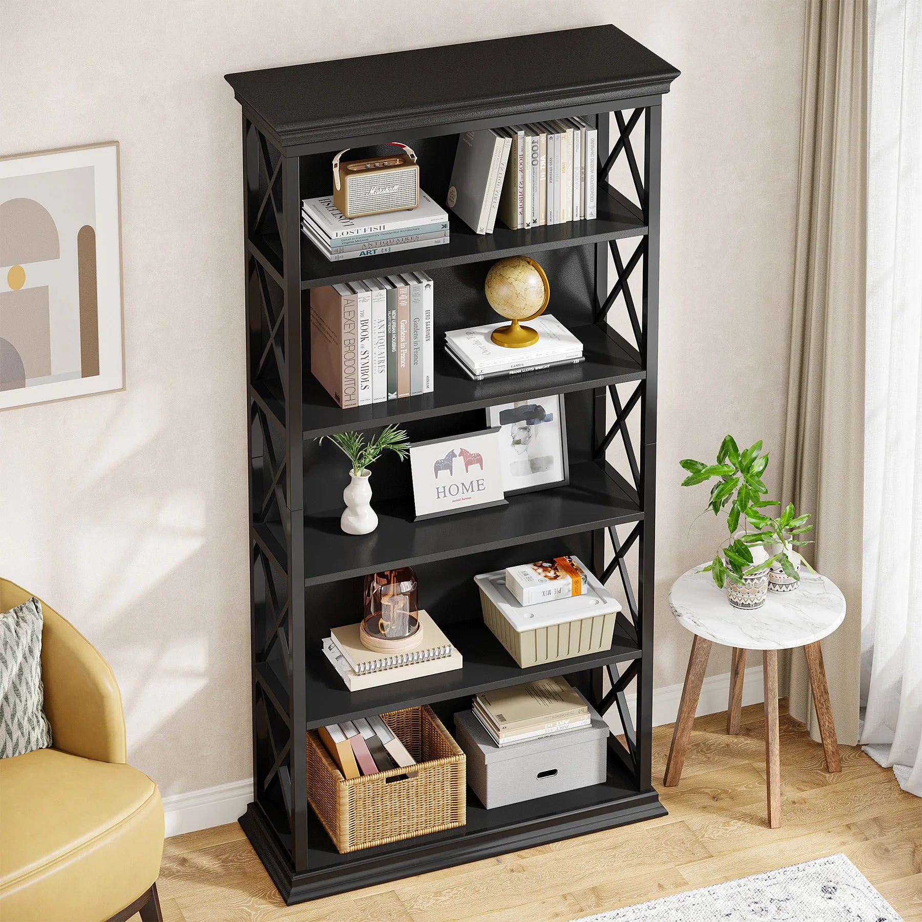 Industrial 6-Tier Bookcase with X-Frame for Living Room — 71in Tall Open Bookshelf