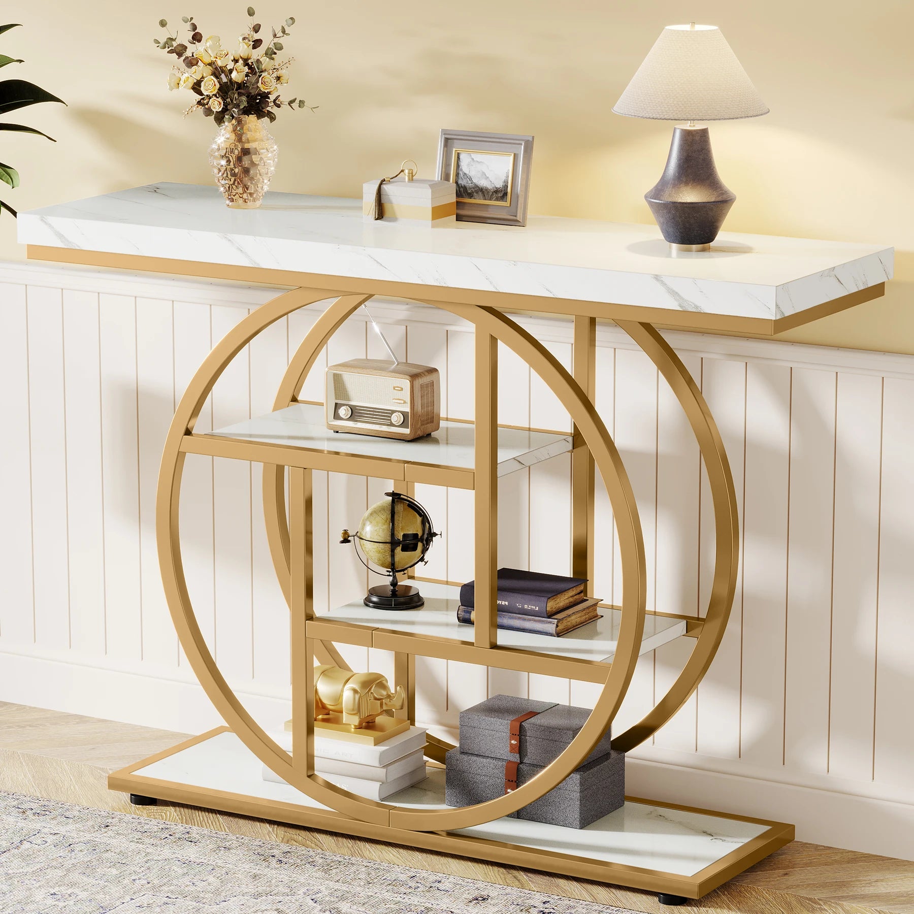 Faux Marble Gold Console Table with Storage Shelves for Entryway — 70" Behind-Sofa