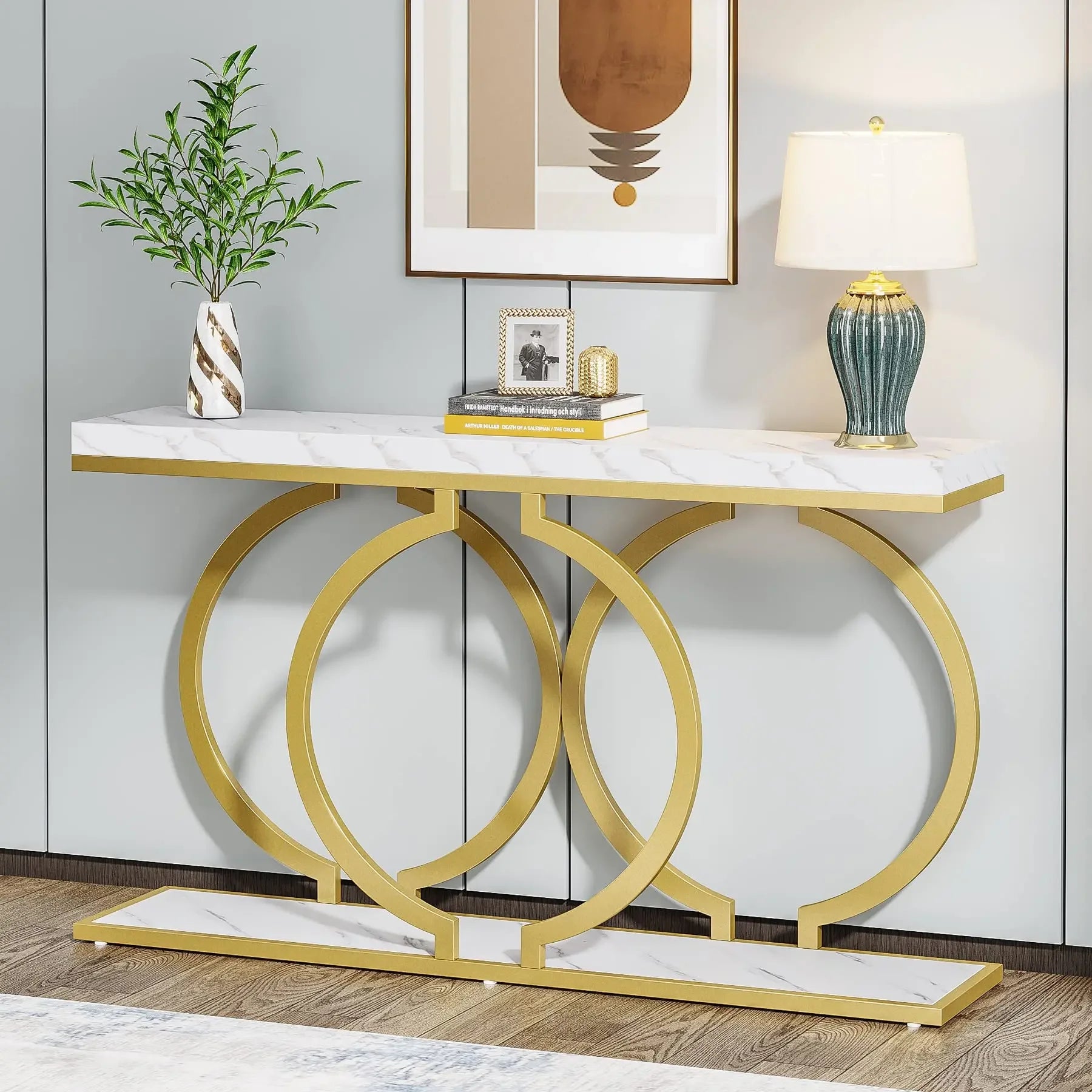 Faux Marble Console Table, 55" Gold Entryway Table — Narrow Sofa Table for Living Room & Hallway