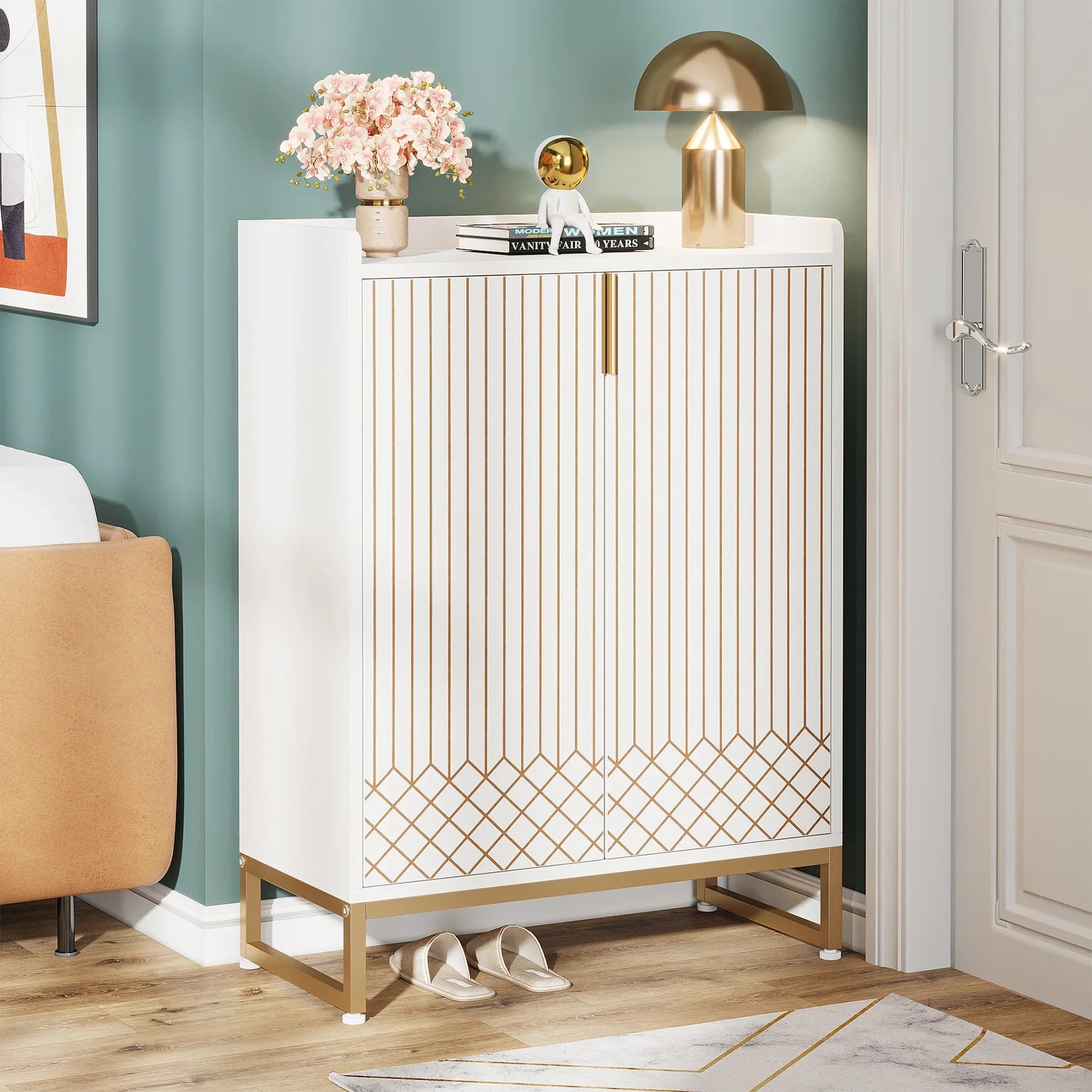 White Gold-Accent Shoe Cabinet with Doors for Entryway — 5-Tier Storage