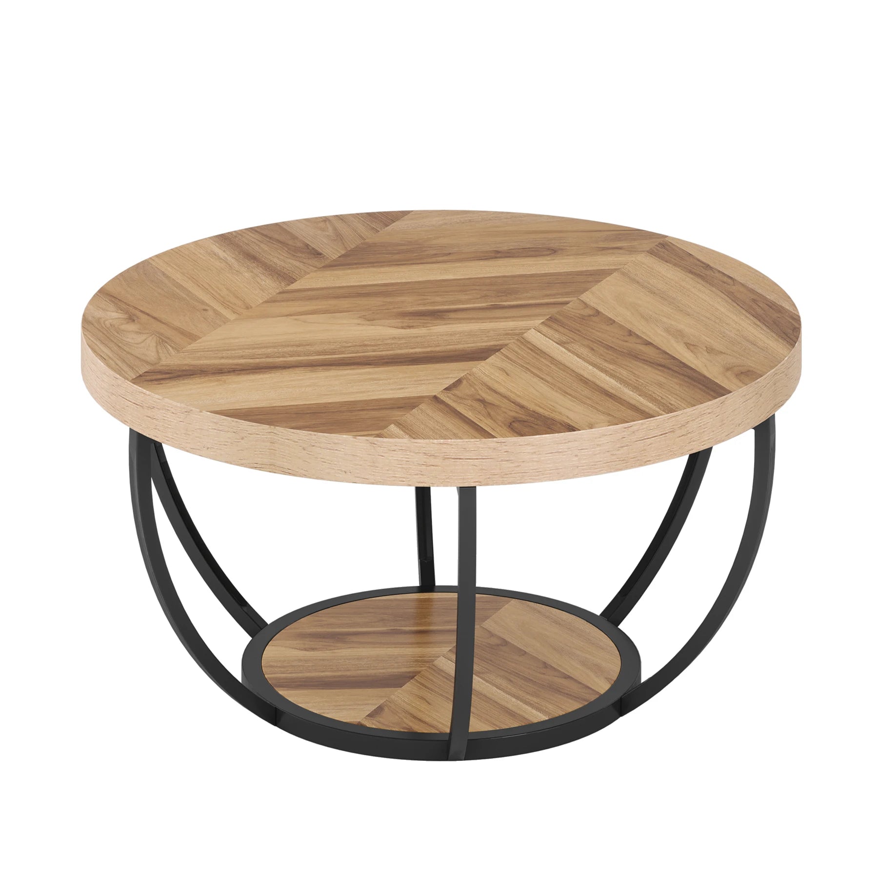 Round Industrial Coffee Table with Storage Shelf for Living Room — 31.7" Oak