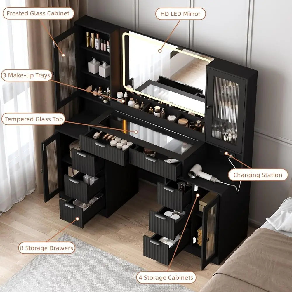LED Makeup Vanity Desk with Mirror & Charging Station — 8 Drawers, Glass Cabinets, Matte Black