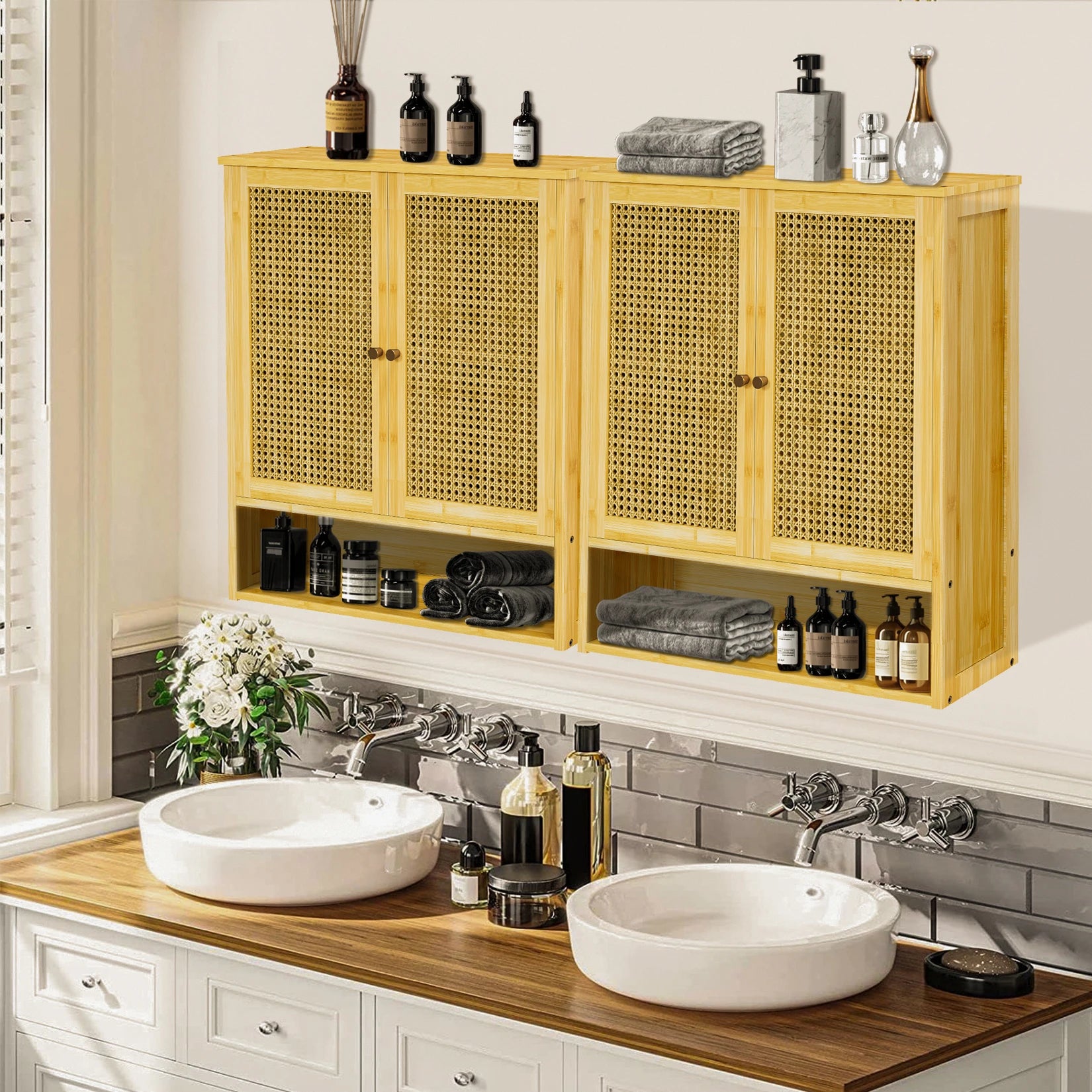 Natural Rattan Wall-Mounted Bathroom Cabinet with Cane Doors and Open Shelf for Bath — 23"H