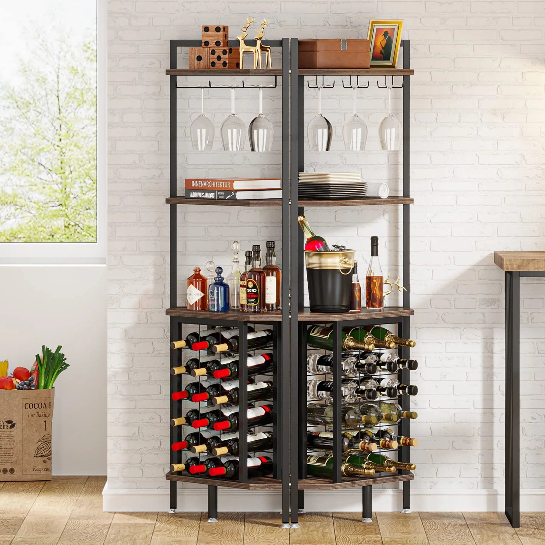Rustic Corner Wine Rack Bar Cabinet with Glass Holder for Living Room — 63" Tall, 4-Tier
