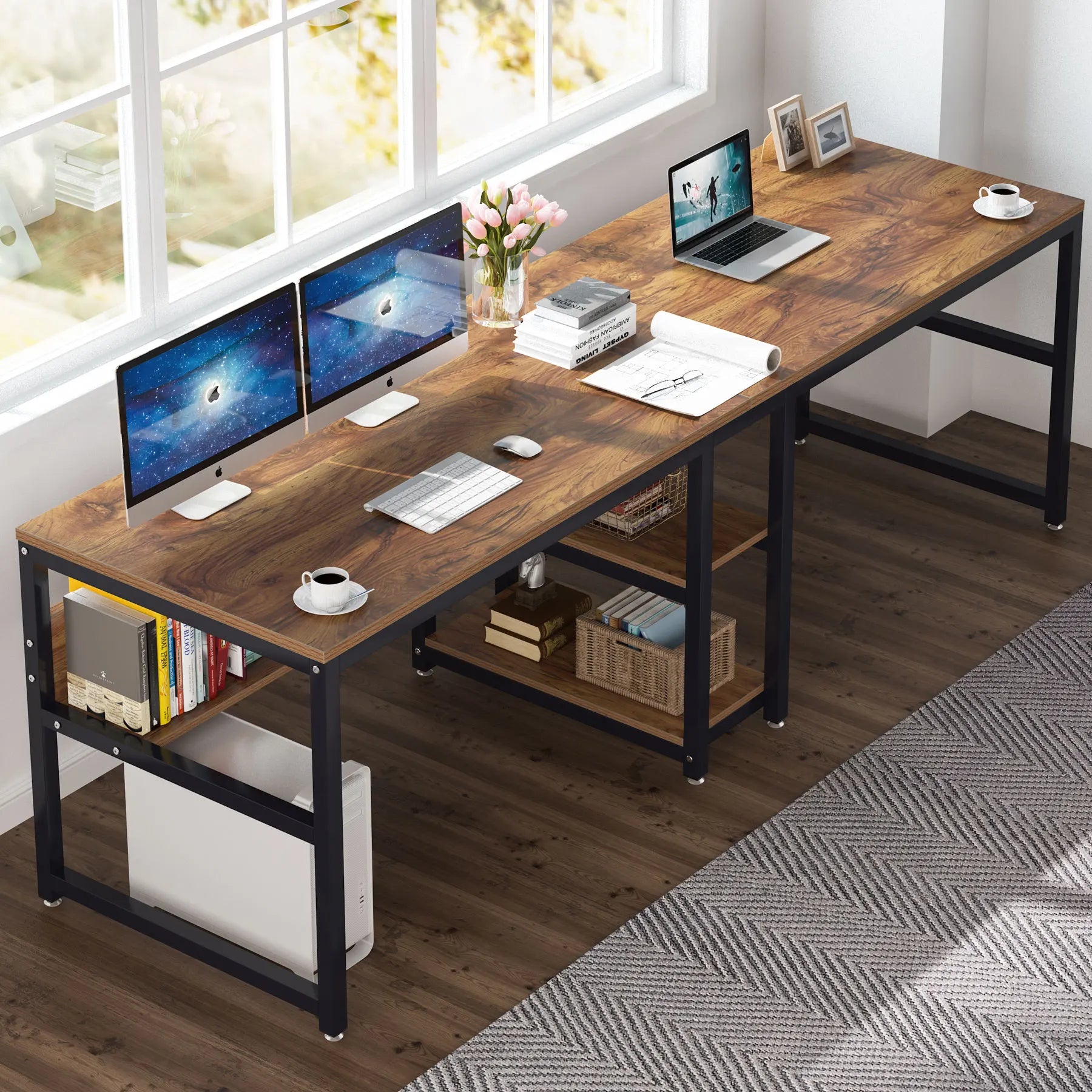 Rustic Two-Person Desk with Bookshelf for Home Office — 78.7in Double Workstation