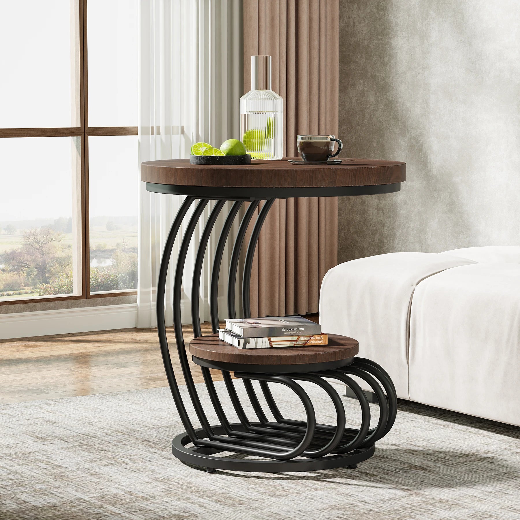 Gold Round Side Table with Faux-Marble Tiers for Living Room — 20-inch Sculptural Accent Table