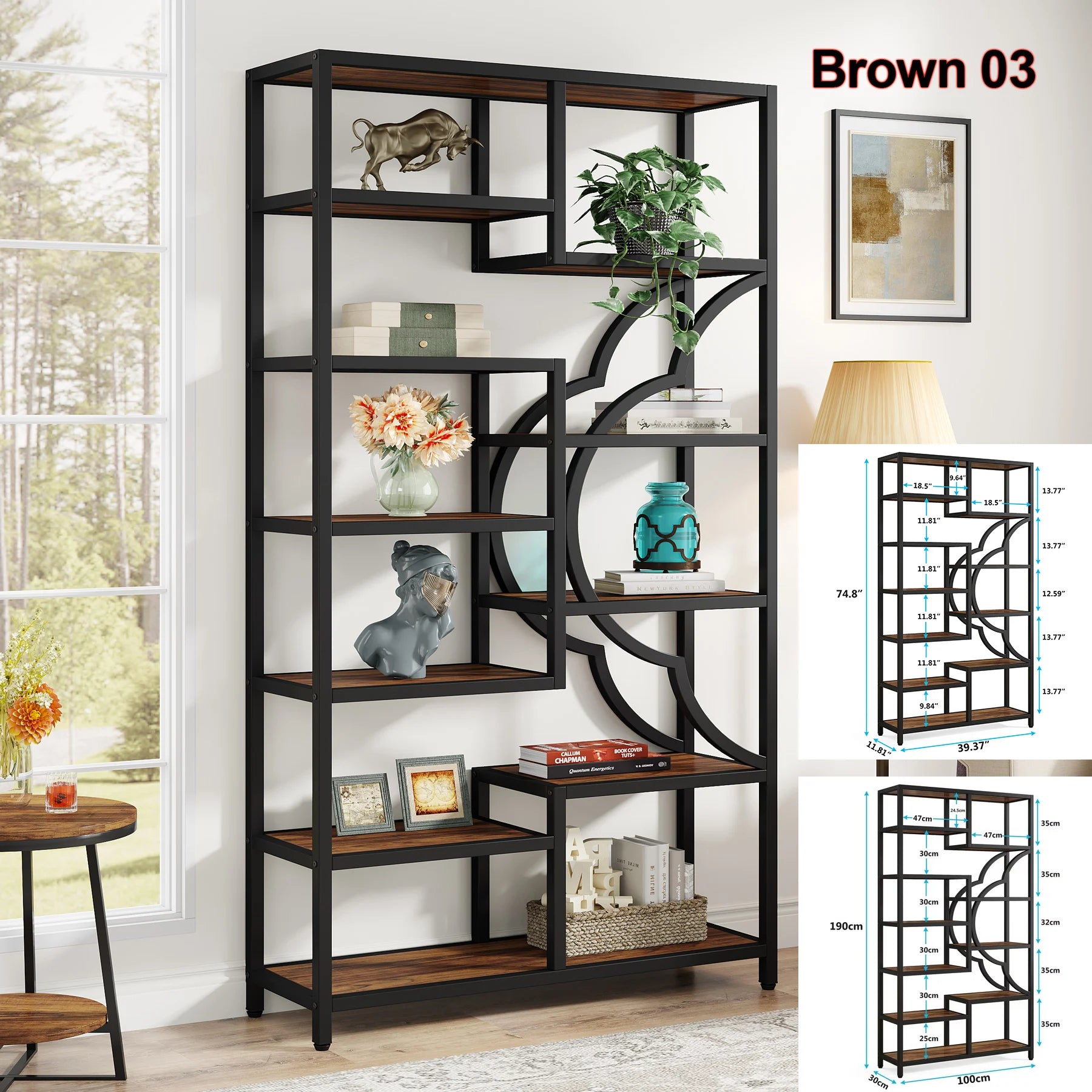 Industrial Etagere Bookcase with Curved Arc for Living Room — 71" Tall Freestanding