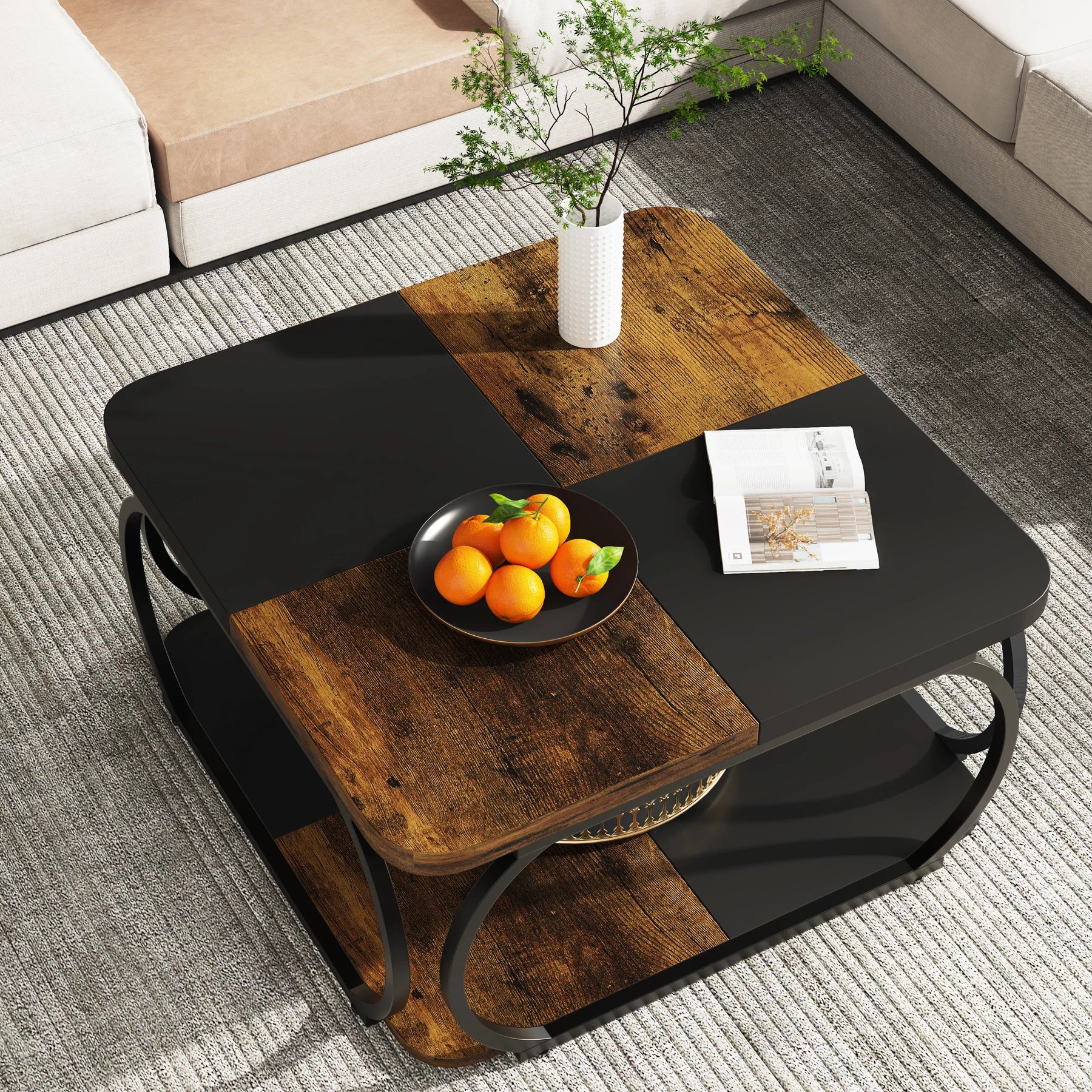 Two-Tone Wood Coffee Table with Storage Shelf for Living Room — 40in Square, Curved Metal Frame