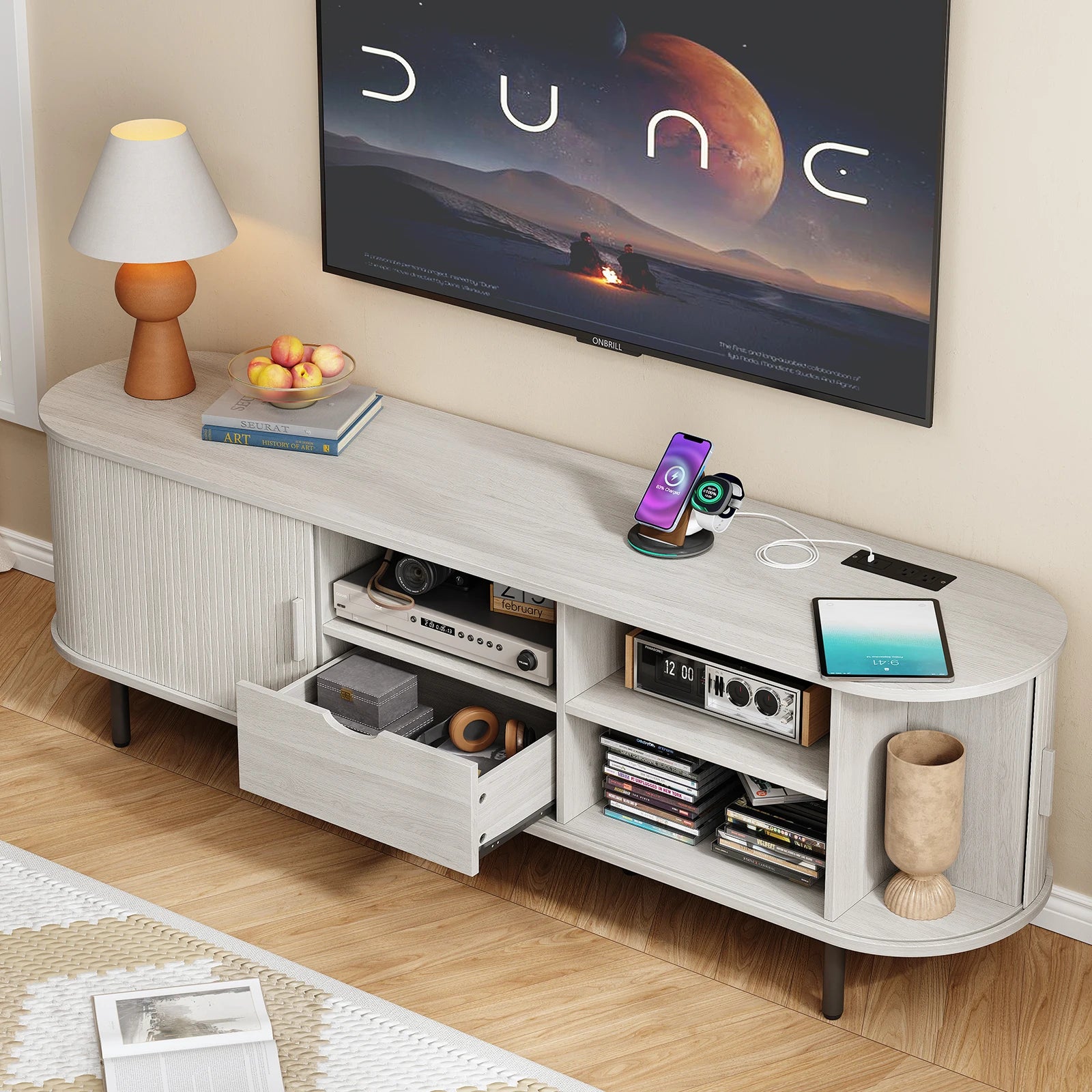 Mid-Century TV Stand for 80" TV — Fluted Walnut Media Console with Storage & Sliding Doors