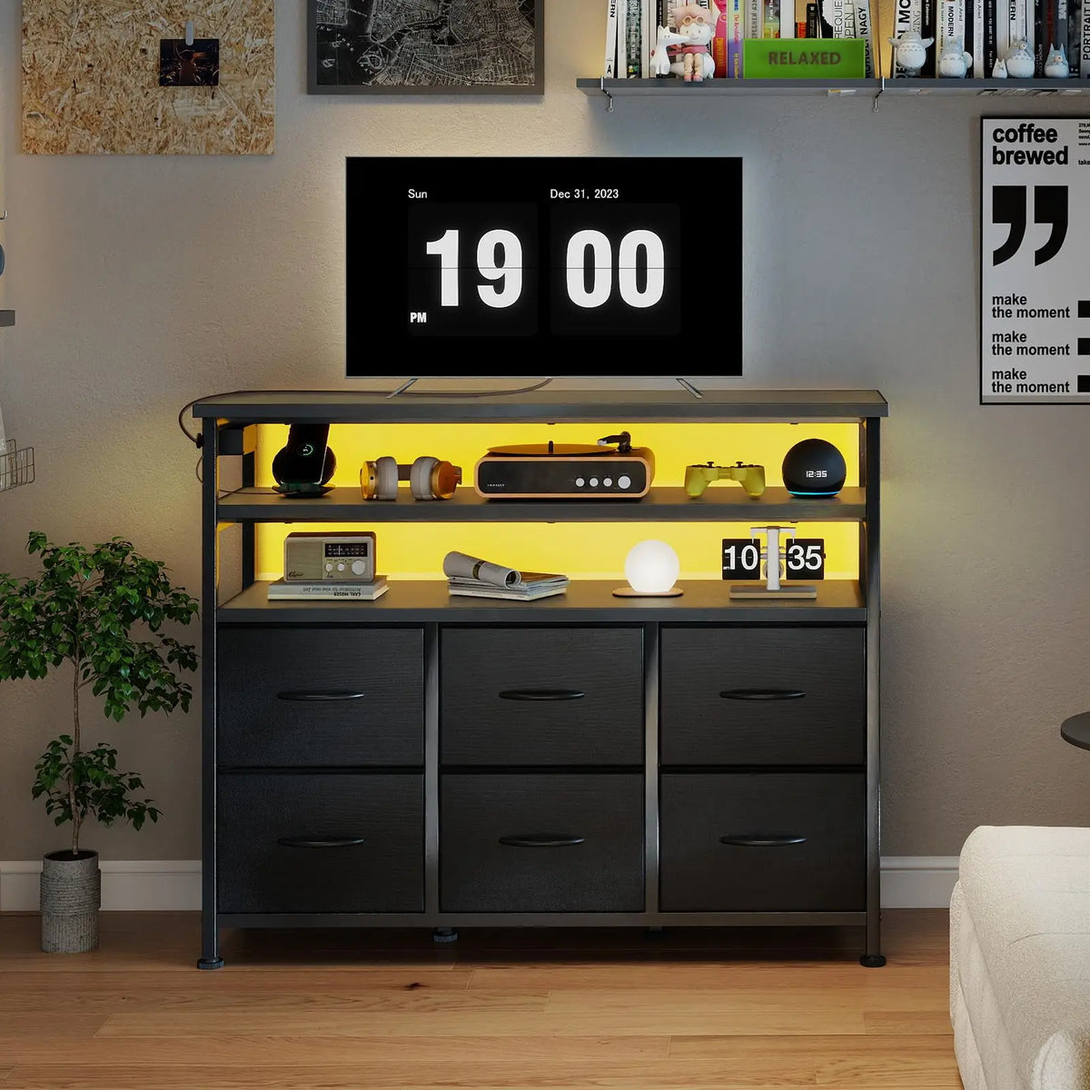 TV Stand Dresser with 6 Fabric Drawers