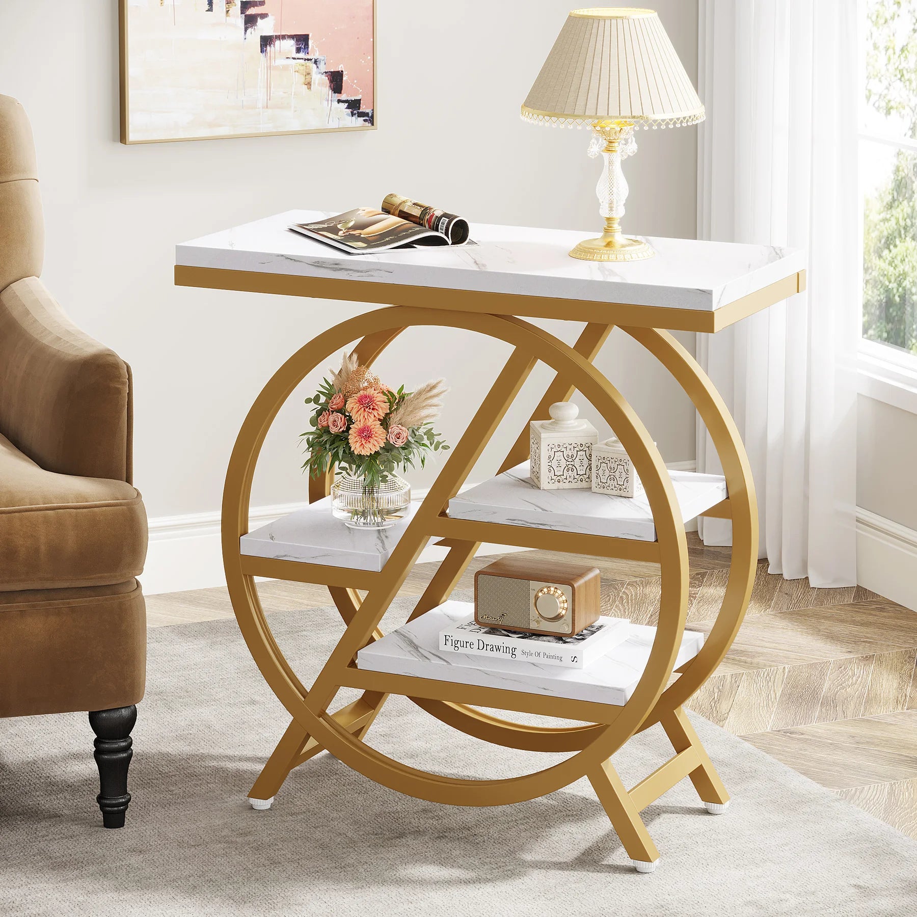 Rustic Wood 3-Tier Side Table with Round Metal Frame for Living Room — Narrow