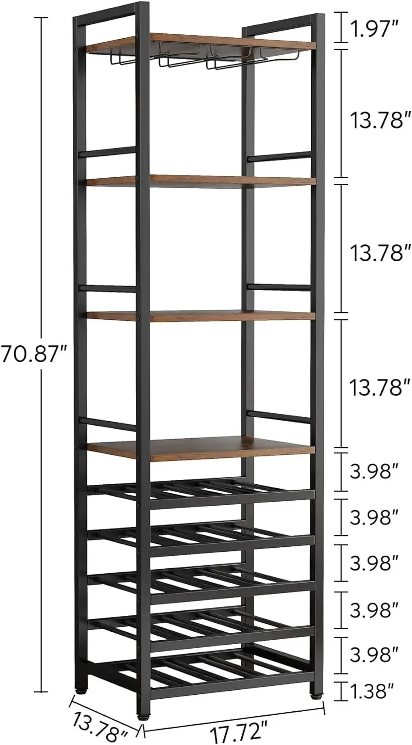 Industrial Wine Bakers Rack, 20-Bottle Freestanding Wine Rack with Glass Holder & Storage Shelves
