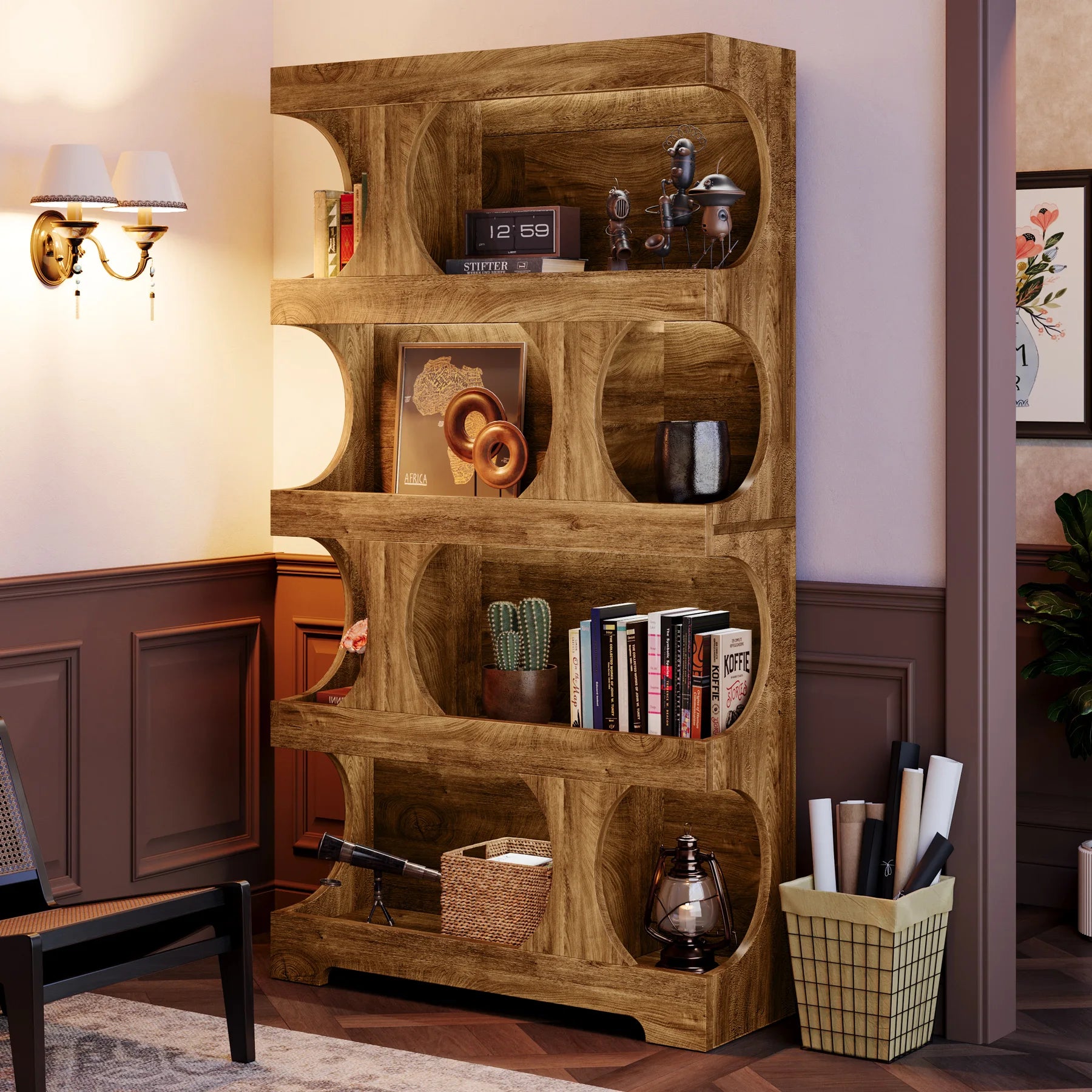 Two-Tone Curved Bookcase with Sculptural Cutout Shelves for Living Room — 71" Tall, 4 Tiers