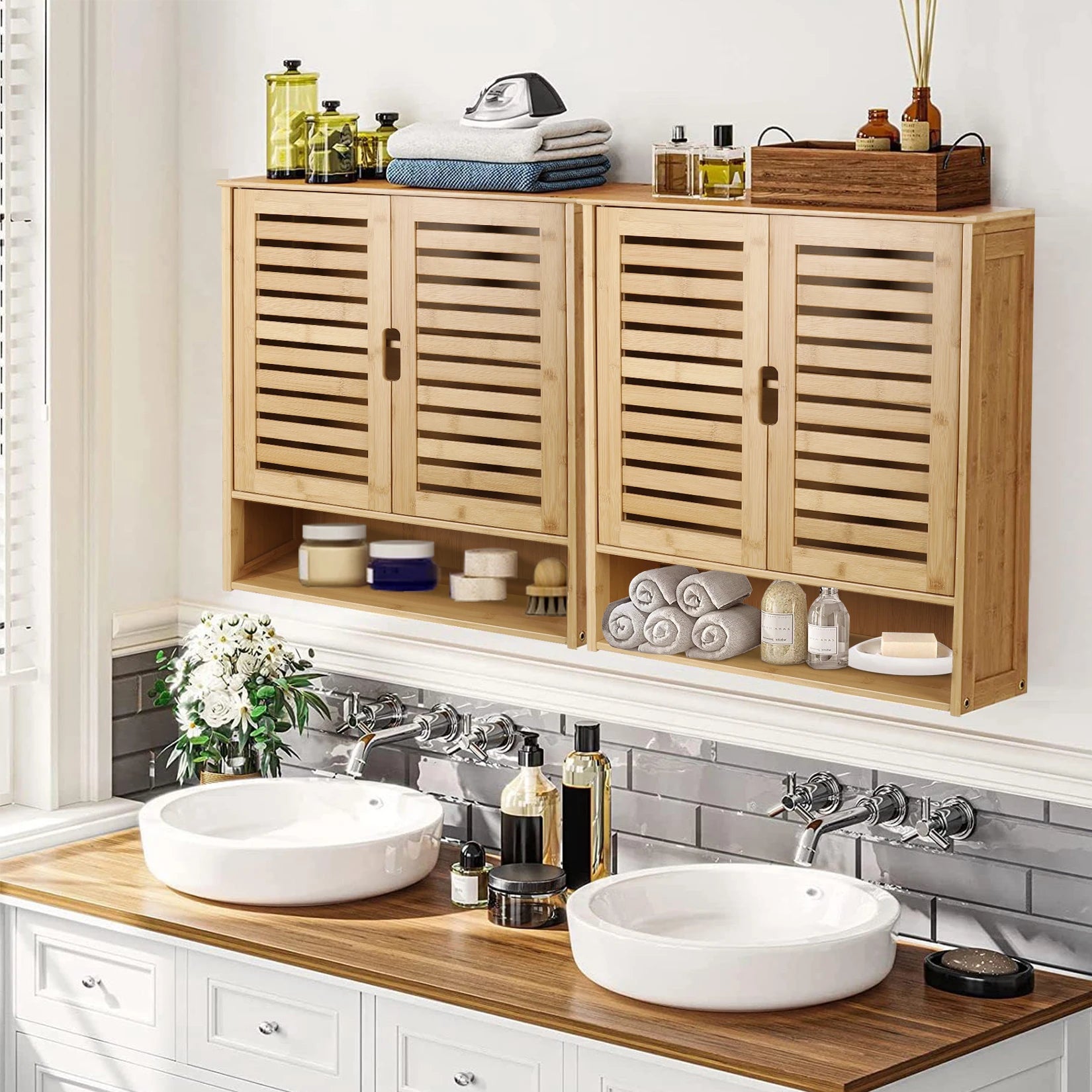 Bamboo Medicine Cabinet with Louvered Doors for Bathroom — 23.6"W Wall-Mounted Storage