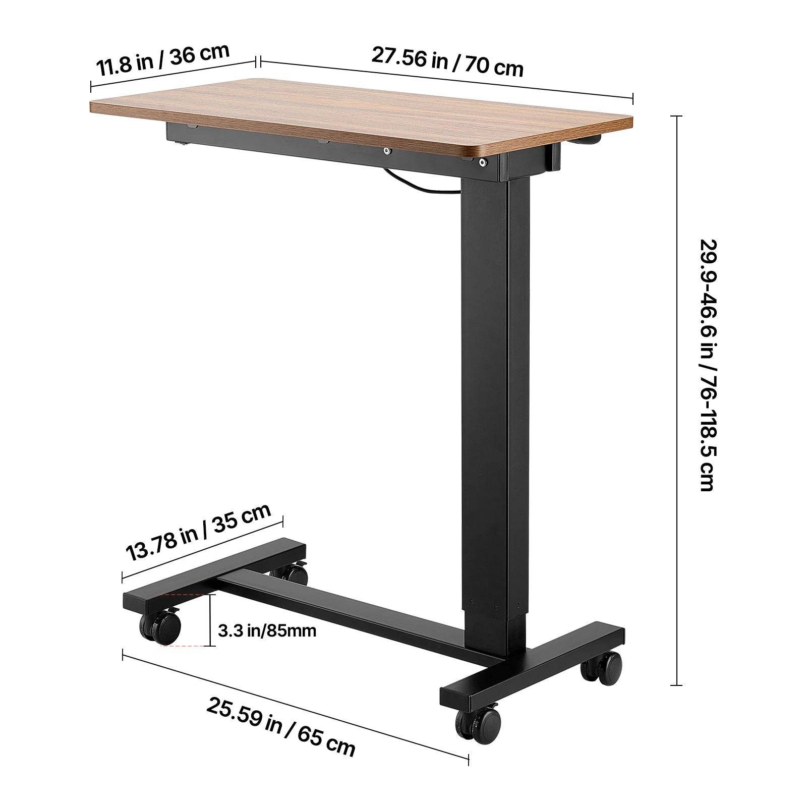 Walnut Mobile Laptop Table with Tilting Top & Casters for Bedside — Height-Adjustable Overbed Desk