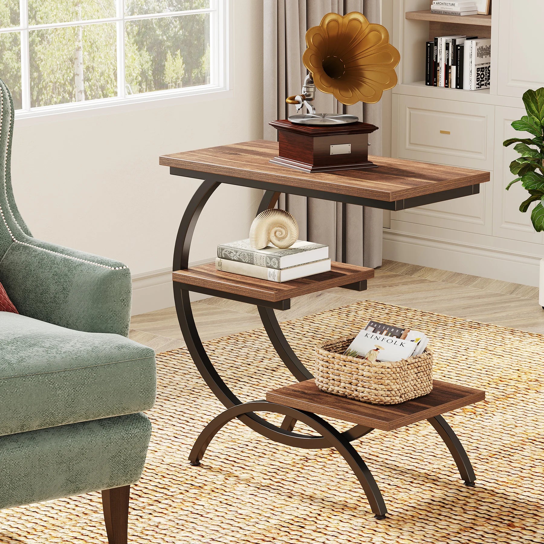 Industrial 3-Tier Side Table with Curved Metal Frame for Living Room — Rustic Brown Wood