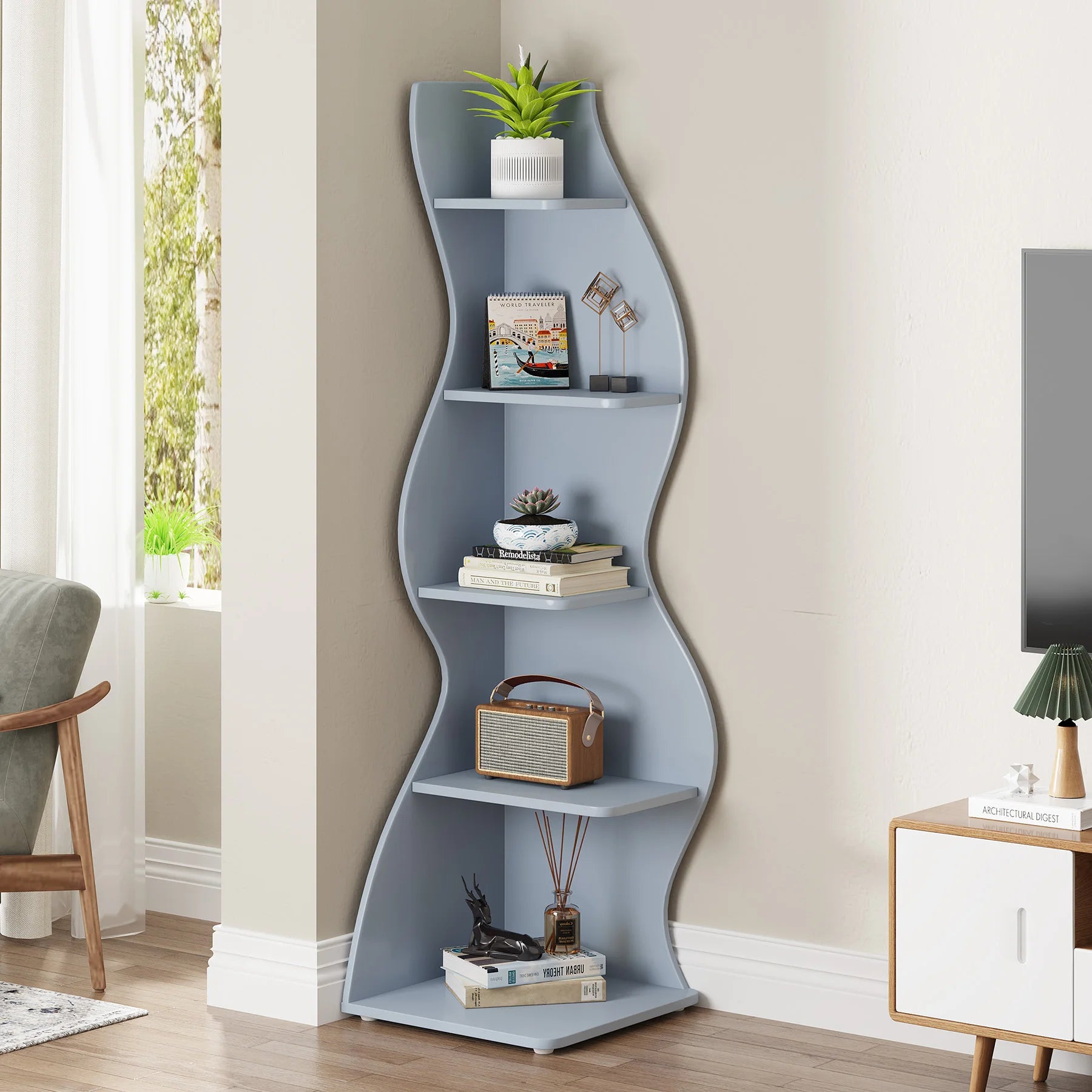White Wave 5-Tier Corner Bookshelf with Curved Silhouette for Living Room — 65"H Floor Shelf