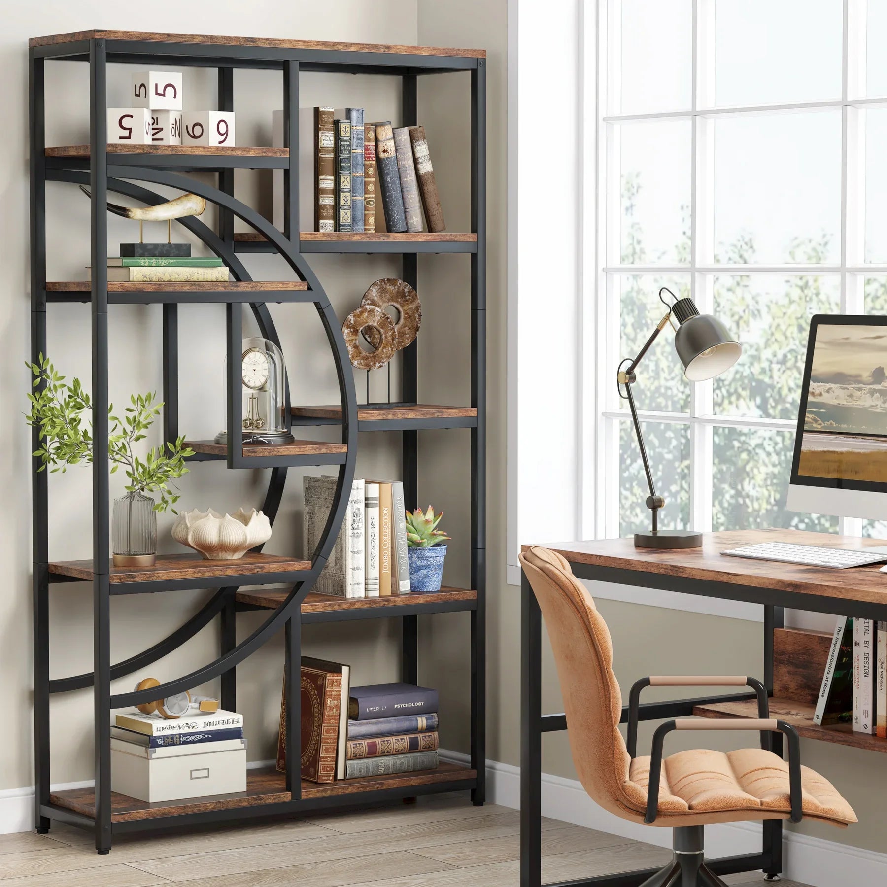 Industrial Etagere Bookcase with Curved Arc for Living Room — 71" Tall Freestanding
