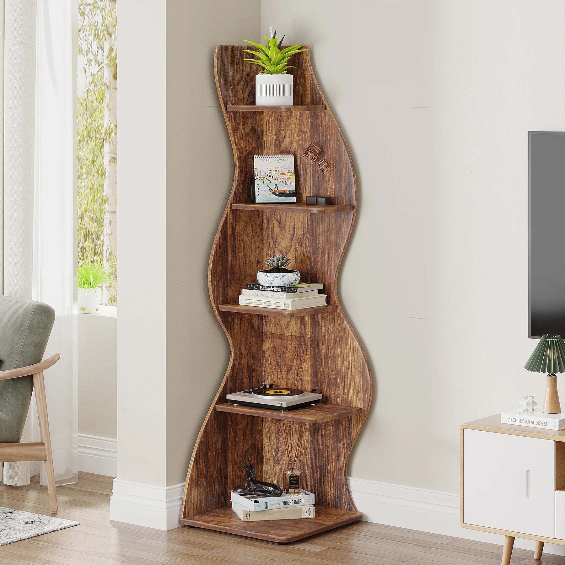 White Wave 5-Tier Corner Bookshelf with Curved Silhouette for Living Room — 65"H Floor Shelf