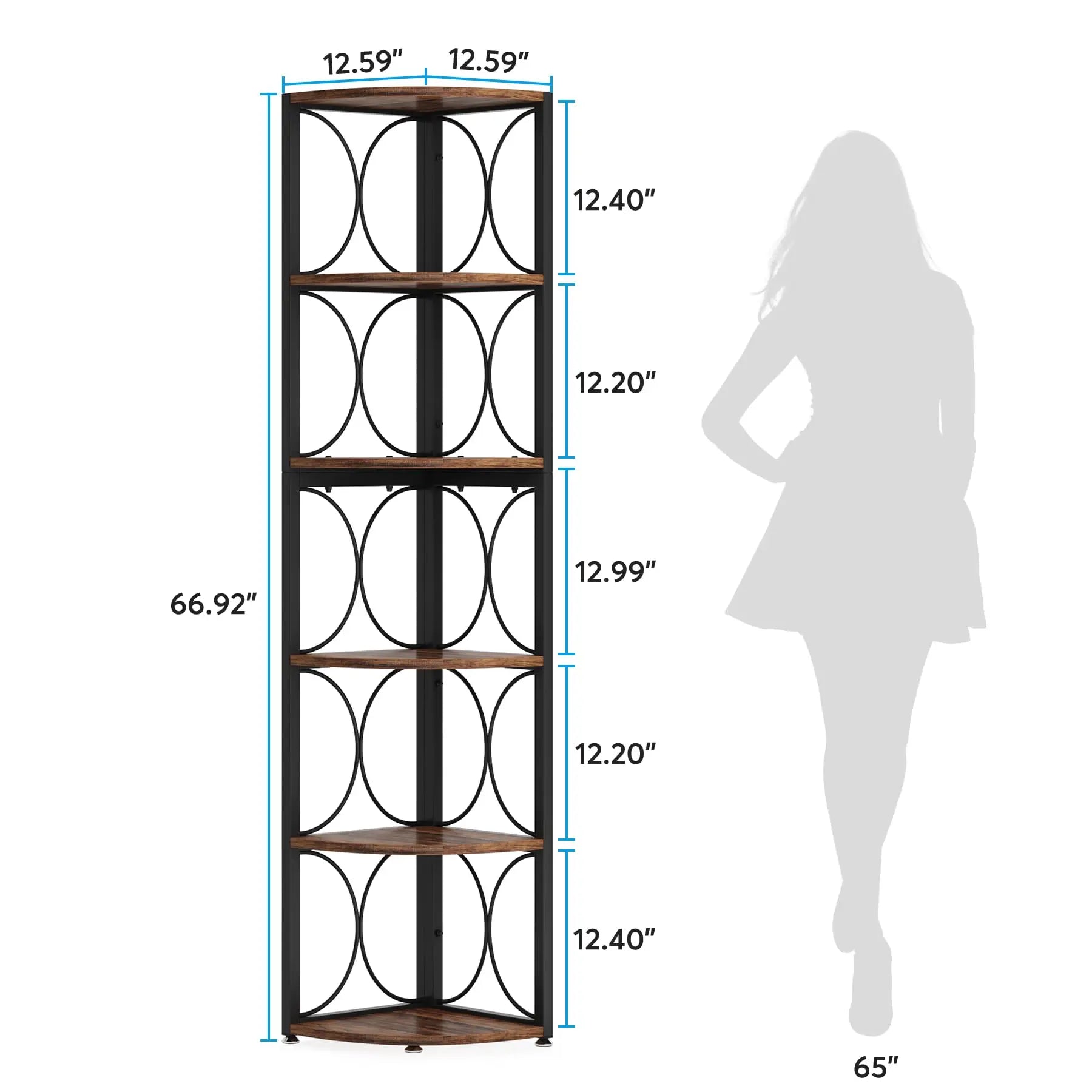 Rustic Corner Shelf with 6 Open Tiers for Living Room — 67in Tall