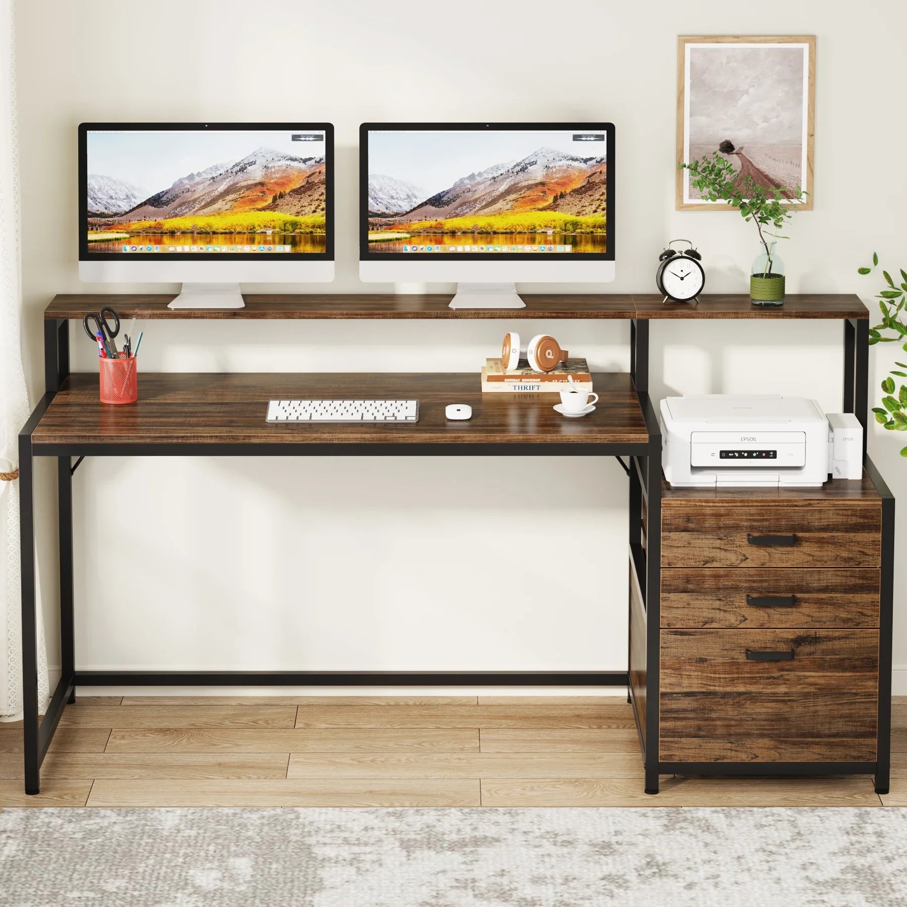 Industrial Computer Desk with File Drawer Cabinet and Monitor Stand for Home Office — 63"